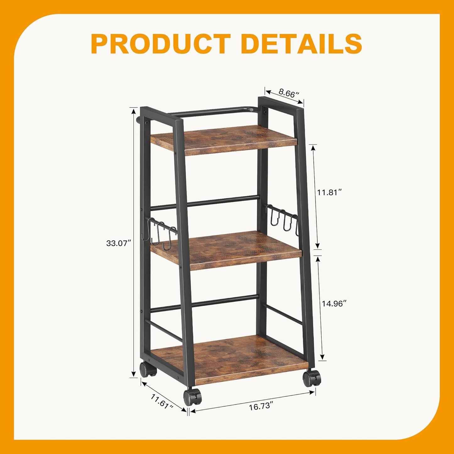 3 Tier Kitchen Storage Cart with Lockable Wheels & 6 Hooks, Mobile Utility Organizer Rolling Cart for Small Spaces, Bar Cart for Kitchen and Living Room, Rustic Brown