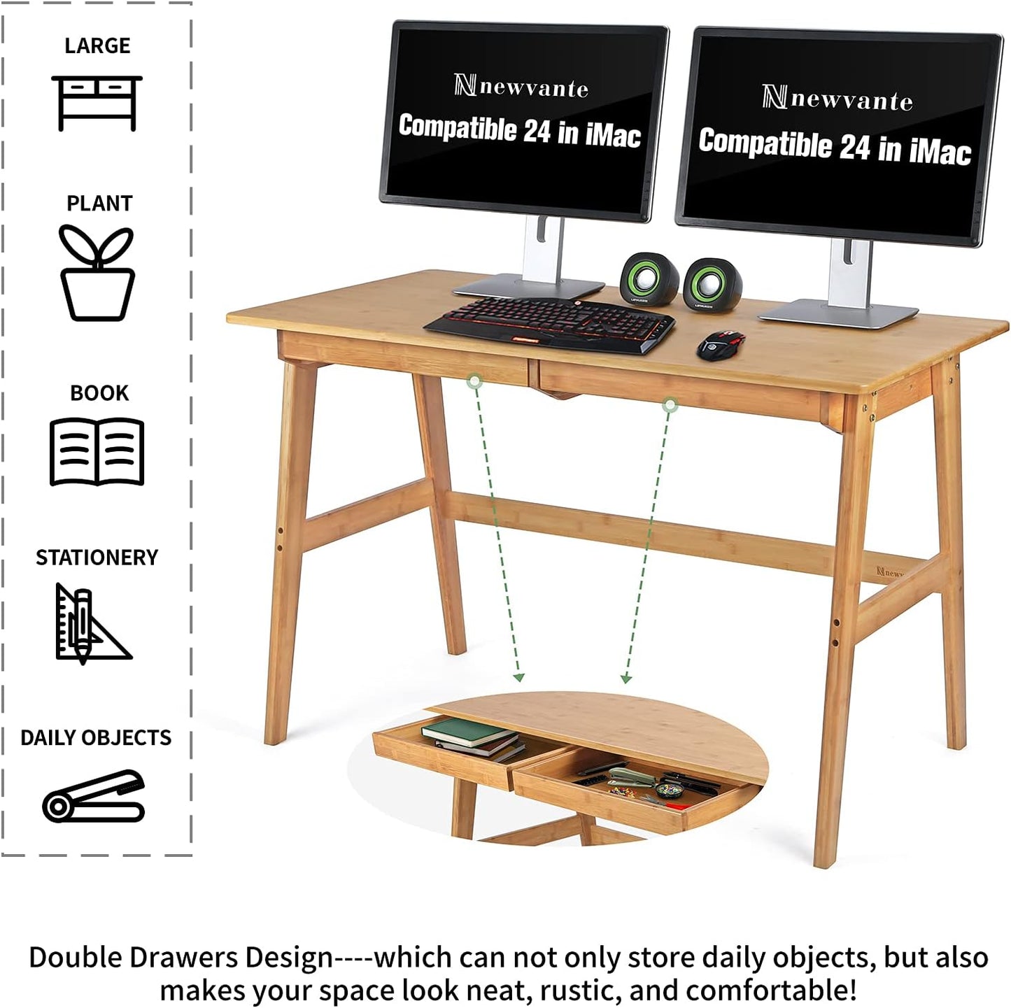 Nnewvante Writing Computer Desk 46" Bamboo Home Office Table with 2 Drawers, Modern Furniture Simple Study Makeup Workstation