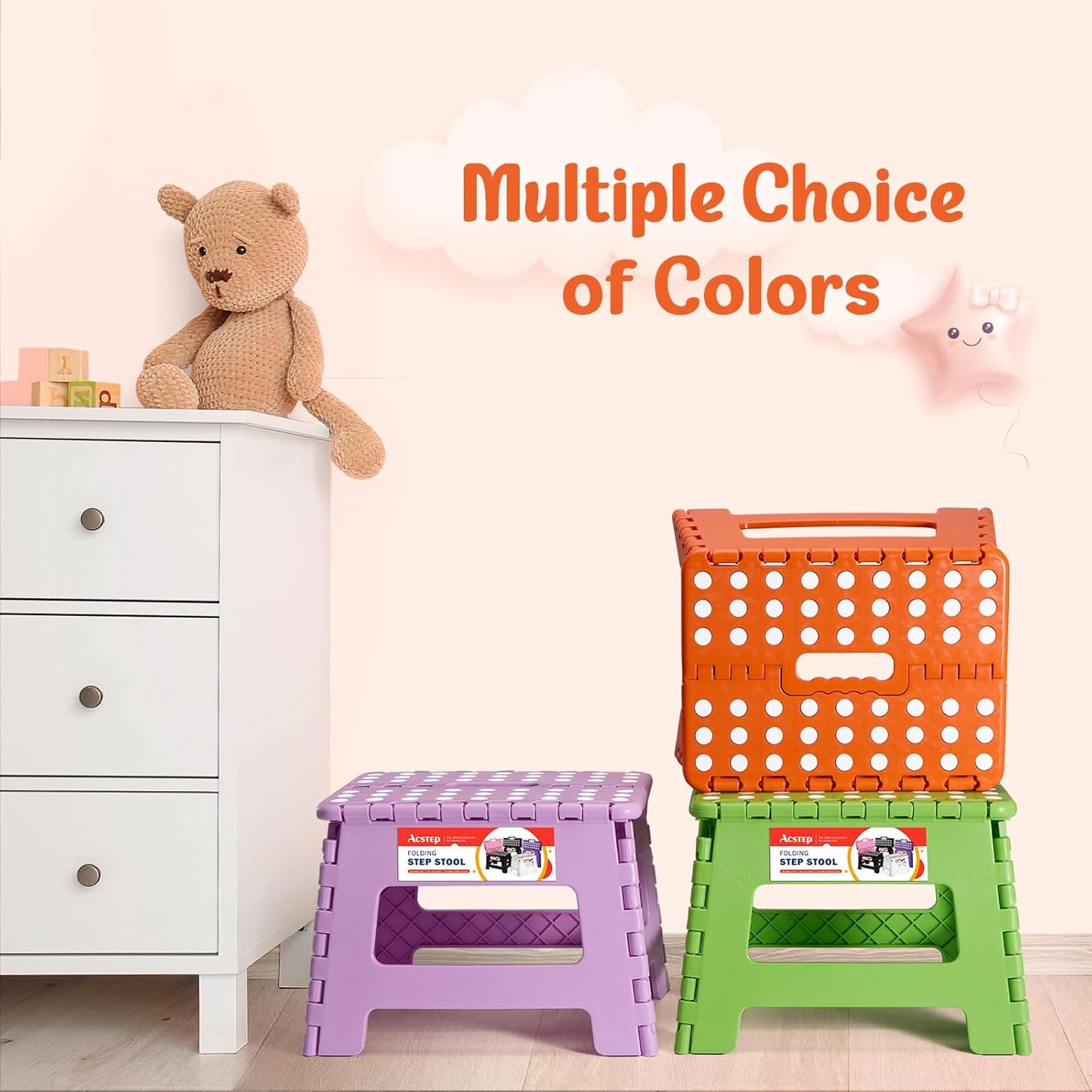 ACSTEP 9 Inch Folding Step Stool 300 LB Capacity Plastic Foldable Step Stools for Kids and Adults, Folding Stool Suitable for Kitchen, Stepping Stool with Handle Orange Small Step Stool 1PC