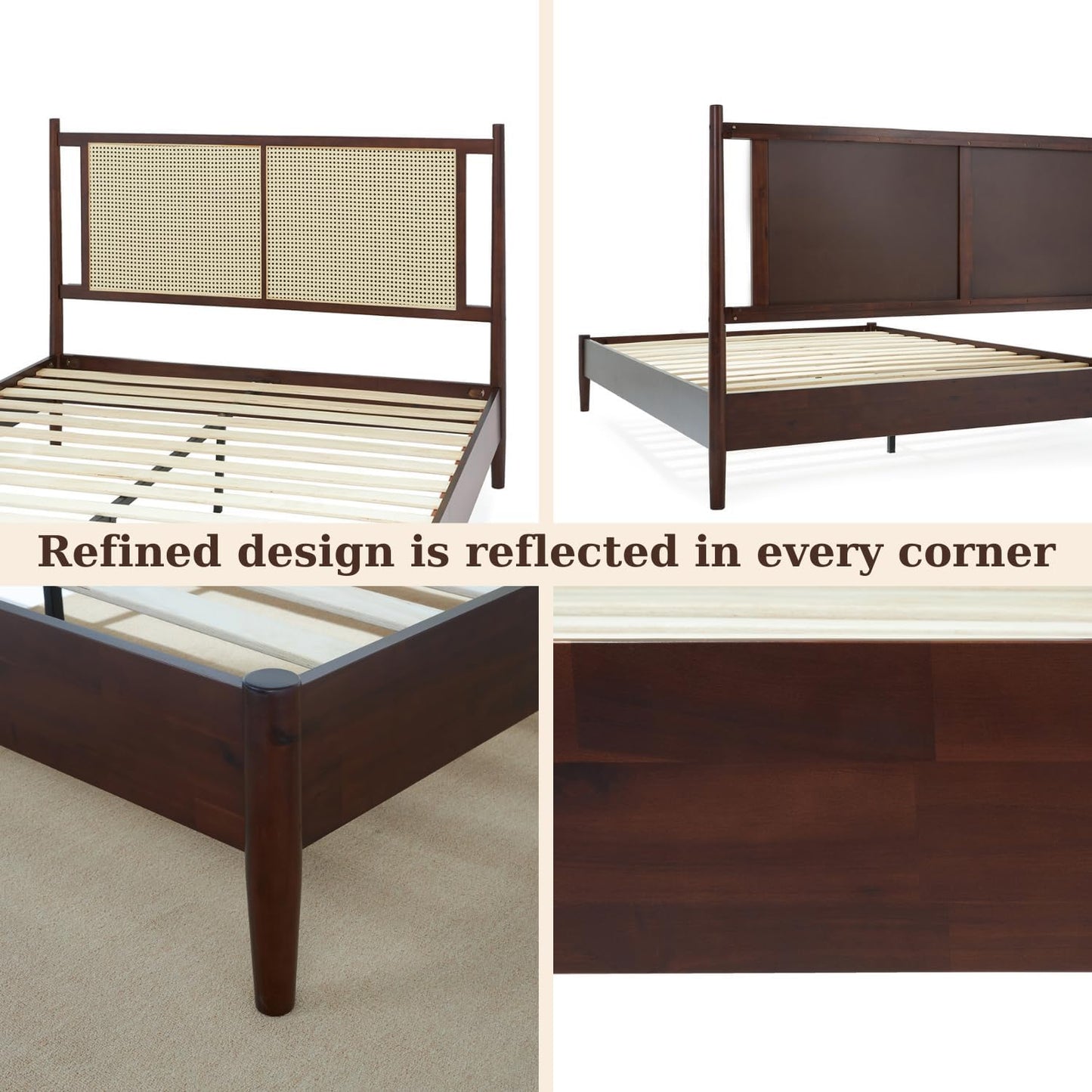 Bme Oliver Headboard Queen Size Bed Frame - 15-Inch Signature Design with Rattan Headboard, Bohemian and Mid Century Style, 12-Slat Wood Support, No Box Spring Needed - Easy Assembly, Walnut