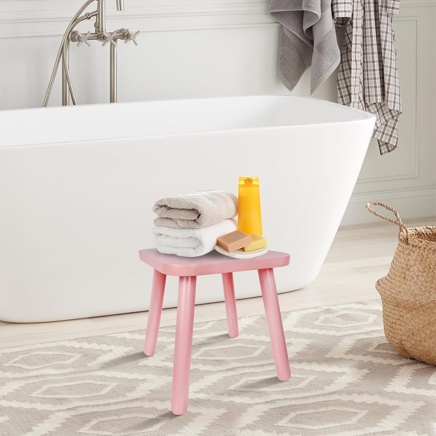 BEE&OAK Wooden Step Stools for Adults, Solid Rubber Wood Non-Slip Step Foot Stool, Heavy Duty 300 lbs One Step Stool for Bedroom, Bathroom, Kitchen,Outdoor (Pink, 11" (D) x 11"(W) x 11.8"(H))
