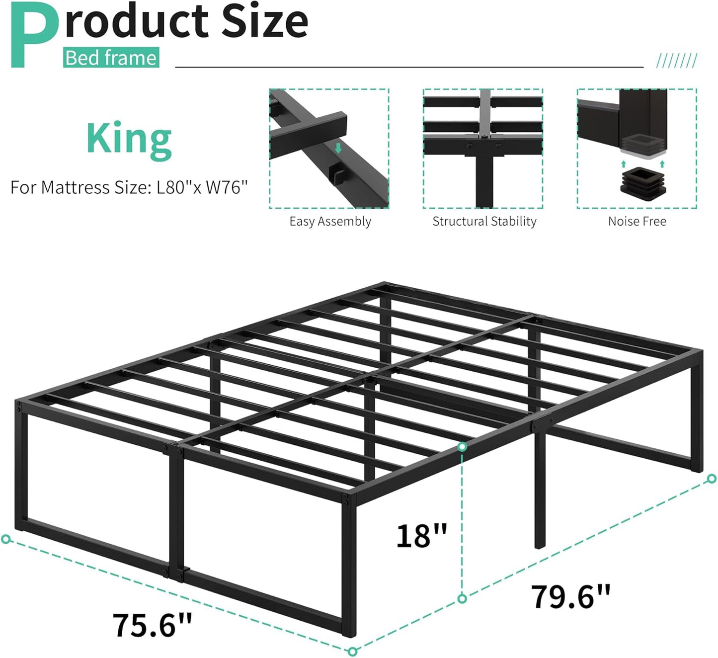 18 Inch King Bed Frame Sturdy Mattress Foundation, Heavy Duty Metal Platform with Steel Slats Support No Box Spring Needed, Noise Free, Easy Assembly, Black