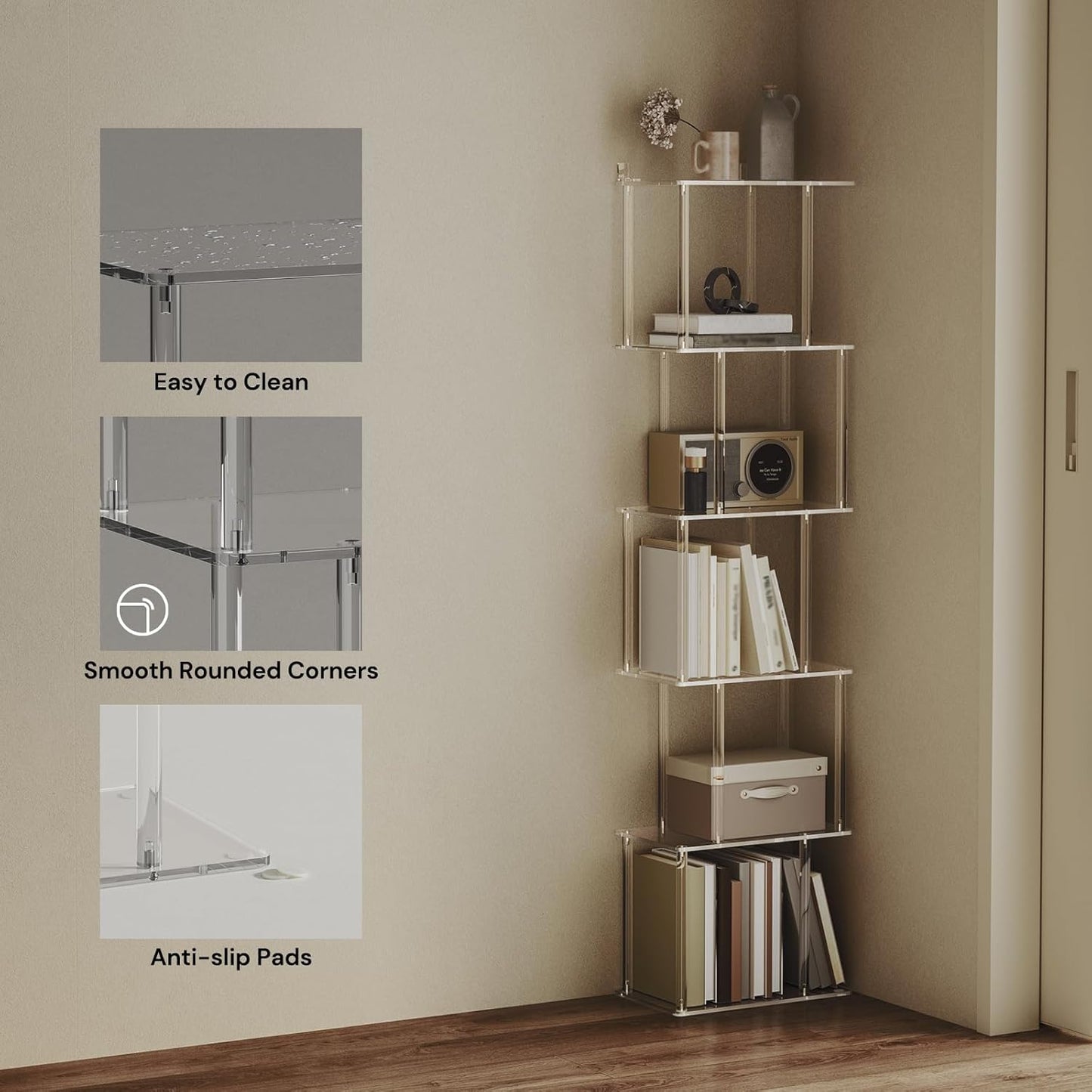 Acrylic Geometric Bookshelf for Small Spaces, 6-Tier Tall Clear S Shaped Bookcase, Modern Open Book Shelf for Living Room, Bedroom, Office, 9.3" D x 15.6" W x 61" H, Easy Assembly