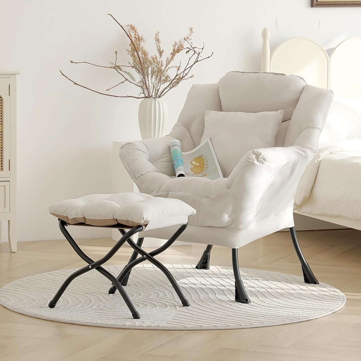 Lazy Chair with Ottoman, Modern Large Accent Lounge Chair with a Pillow, Leisure Sofa Armchair with Ottoman, Reading Chair with Footrest for Bedroom, Living Room, Dorm Room,Peach Beige