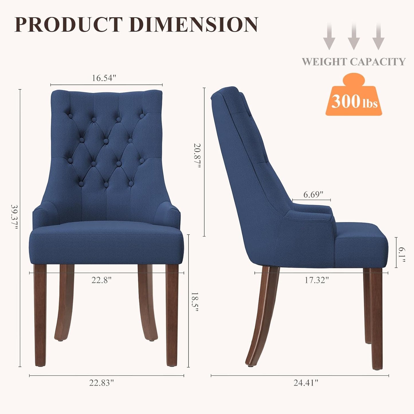 COLAMY Wingback Upholstered Side Dining Room Chairs Set of 2, Fabric Dining Chairs with Tufted Button, Living Room Chairs for Home Kitchen, Blue