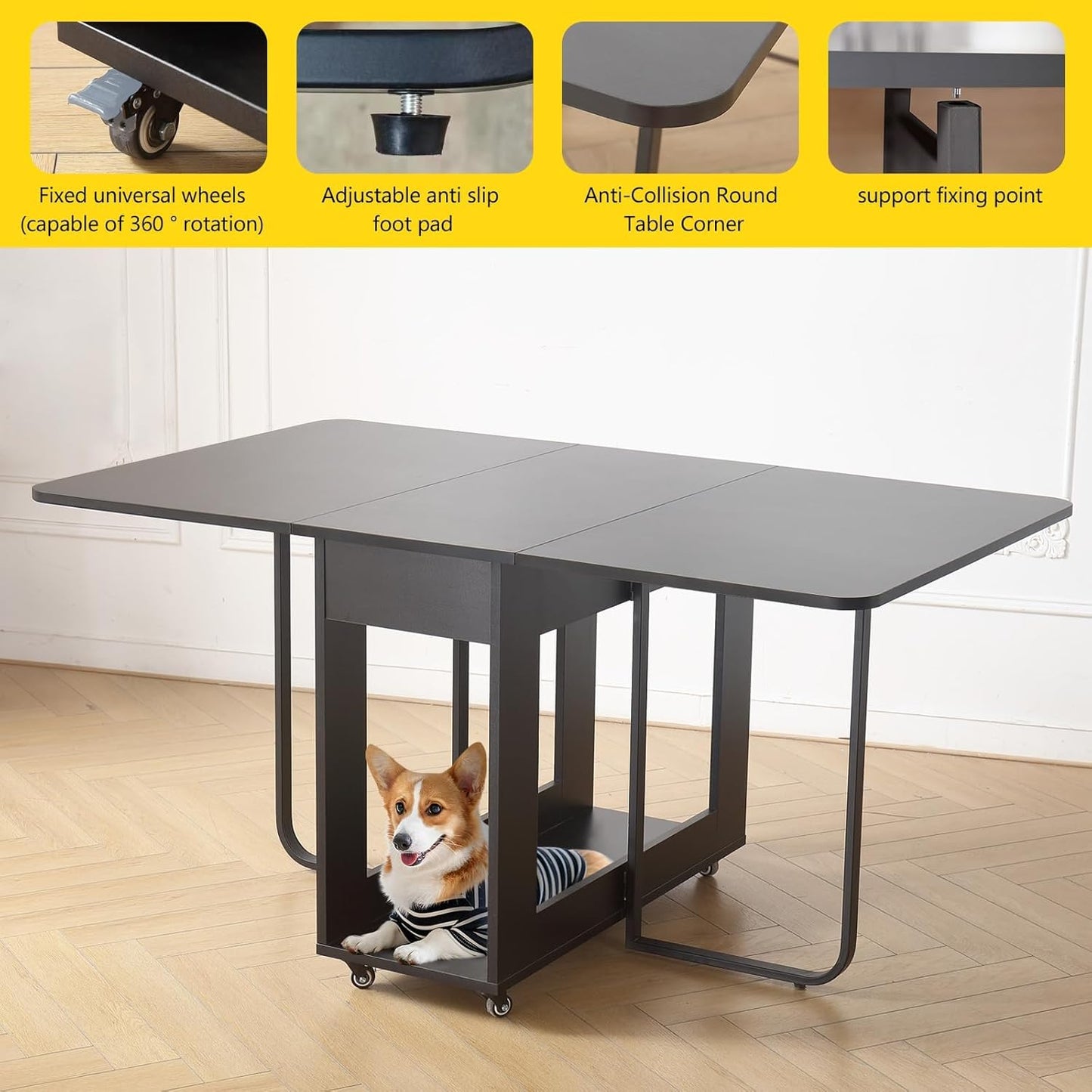 Folding table and chair set, dining table with extra large storage space and 4 universal wheels, matched with padded steel frame folding chairs, space-saving dining table and 4 chairs (Brown)