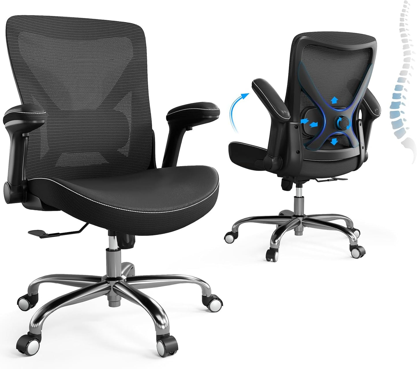 Ergonomic Office Chair-Computer PU Leather X-Shaped Desk Chair-Gaming Chair with Adjustable Flip-up Armrests Lumbar Support Mesh Executive Chair for Long Hours Office (Black)