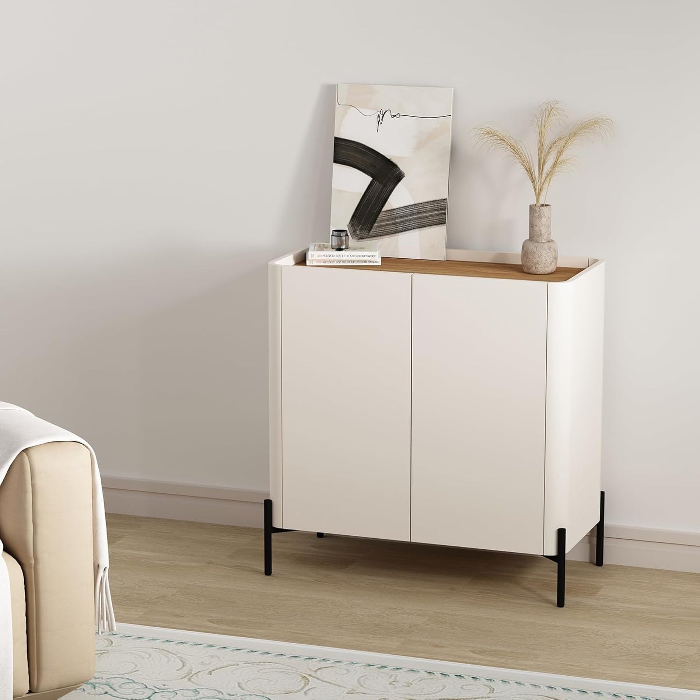 Manhattan Comfort Abbey Accent Cabinet with Doors, Tray Top Design and Adjustable Shelves, Sleek Modern Storage Furniture for Dining Area, Living Room, Bedroom, Entryway, Maple and Off White