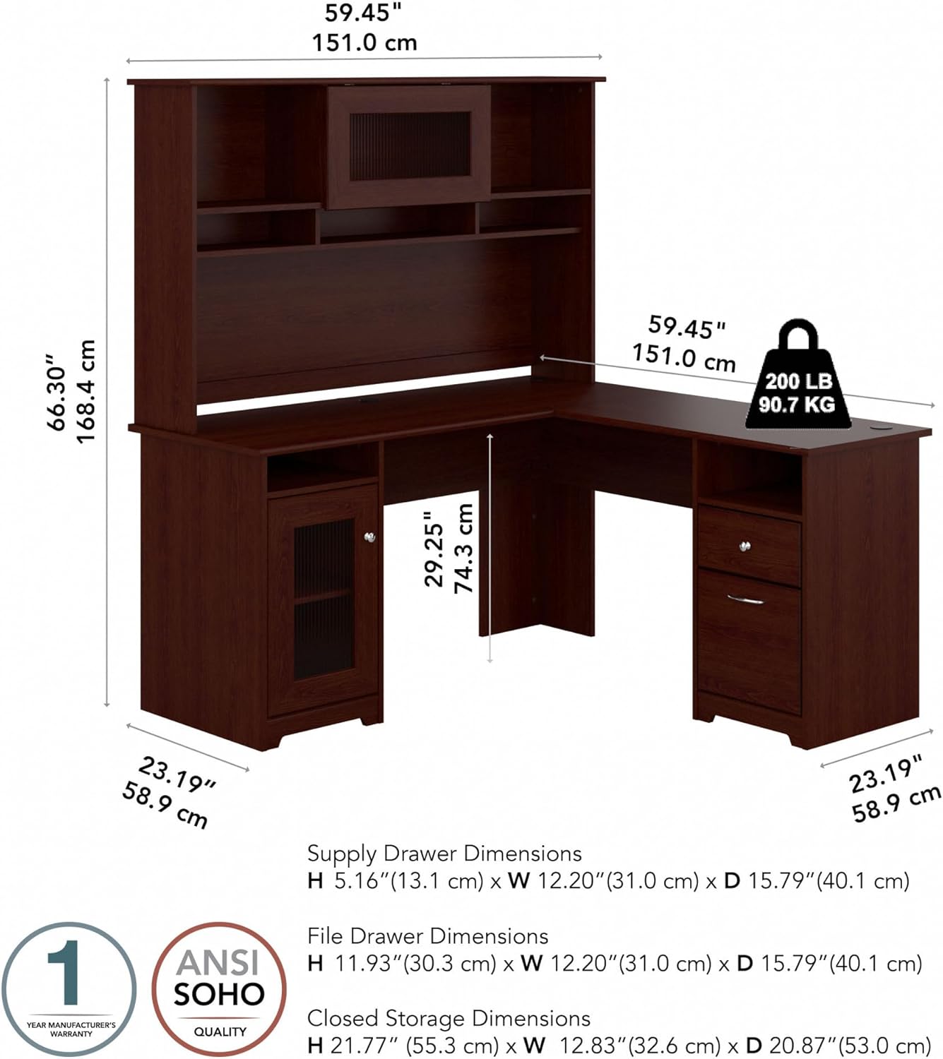 Bush Furniture Cabot L Shaped Computer Hutch, Corner Desk with Storage for Home Office, 60W, Harvest Cherry