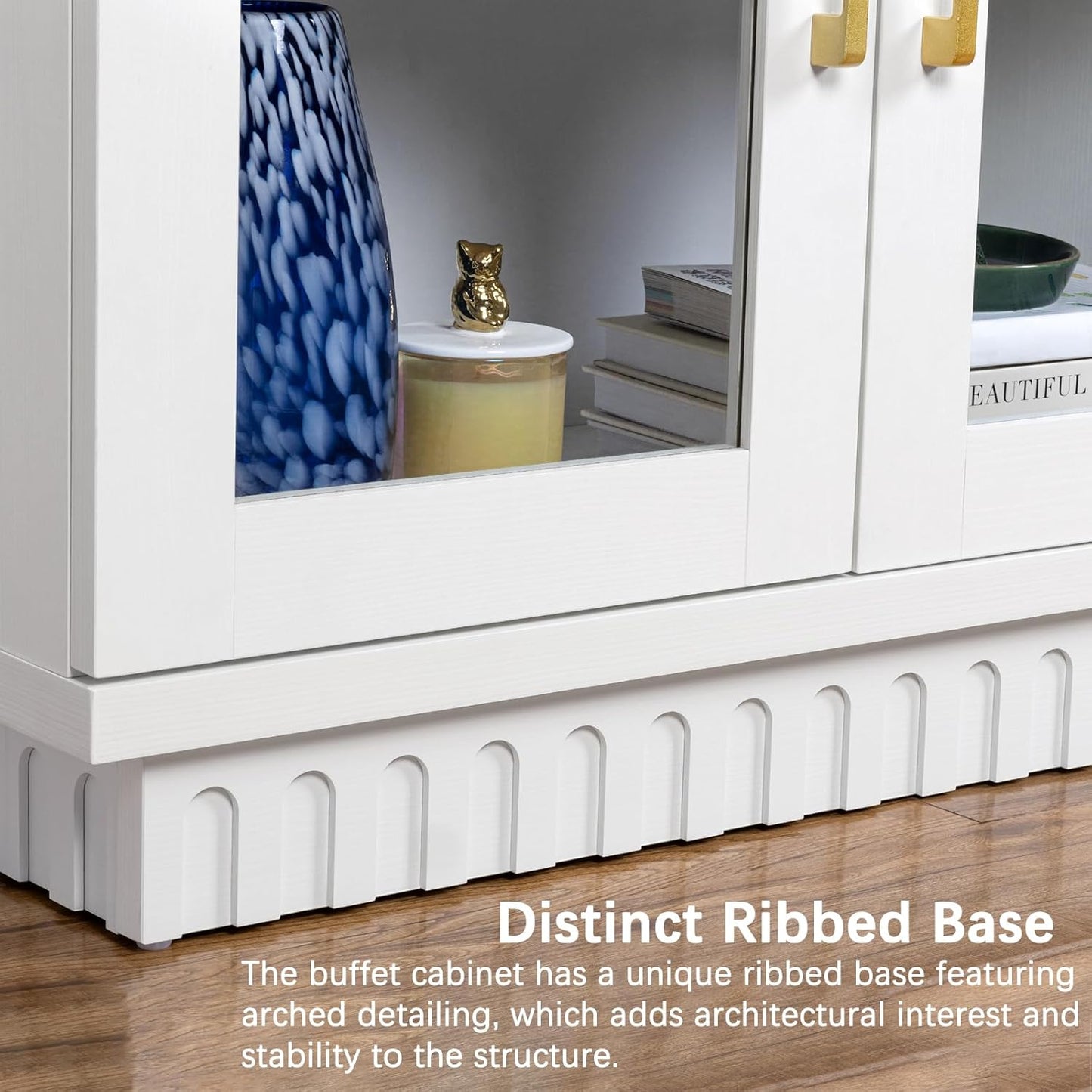 Buffet Cabinet with Storage, Sideboard Buffet with Glass Doors, Cupboard Console Table Accent Cabinet for Hallway, Entry, Kitchen, Living Room, Dining Room, Montauk White