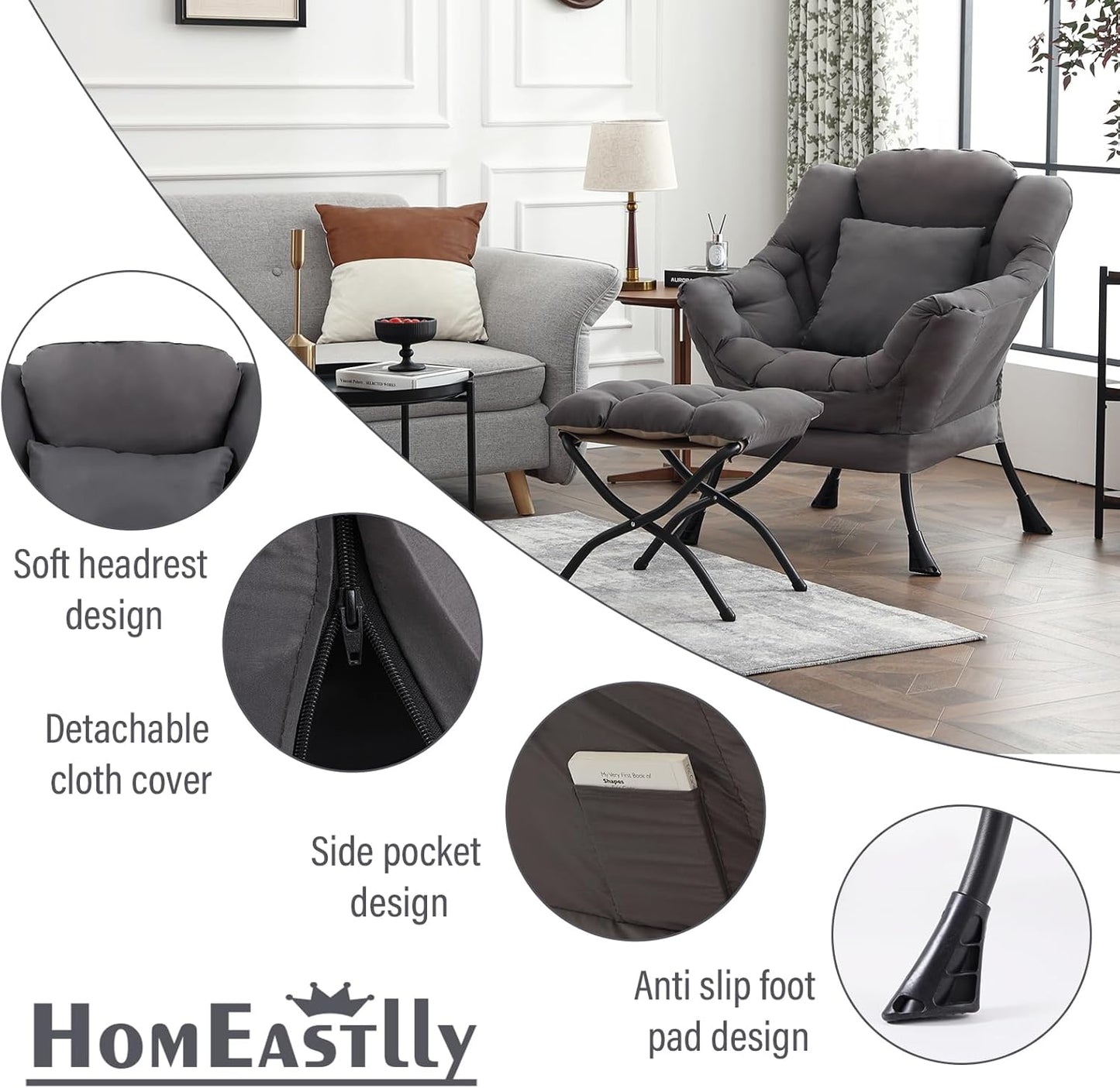 Large Lazy Chair with Ottoman, Accent Reading Chair with a Throw Pillow, Cozy Lounge Chair with Armrest, Leisure Sofa Chair for Living Room, Bedroom, Dorm, Dark Grey