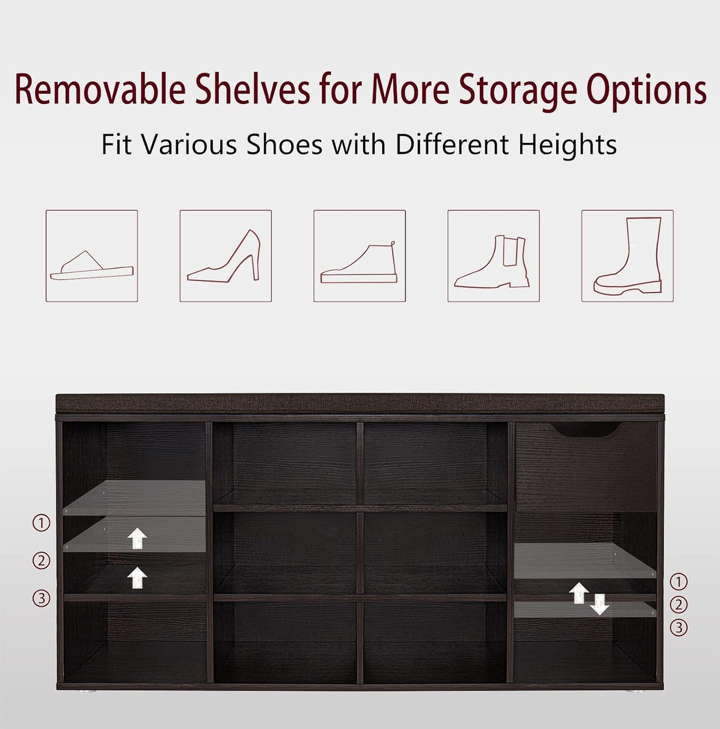 DINZI LVJ Shoe Bench, Entryway Storage Bench with Drawer and 11 Cubbies, Cubby Shoe Rack with Adjustable Shelves, Shoe Organizer Cabinet for Living Room, Bedroom, Mudroom, Closet and Garage, Espresso