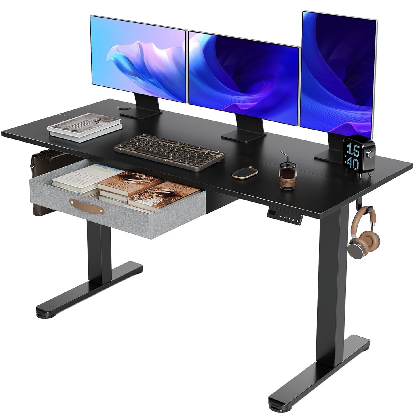 Seang Standing Desk with Drawer, 55" x 24" Height Adjustable Stand Up Desk, 3 Memory Height Settings with Cable Grommets & Storage Hooks, Ideal for Home & Office, Black