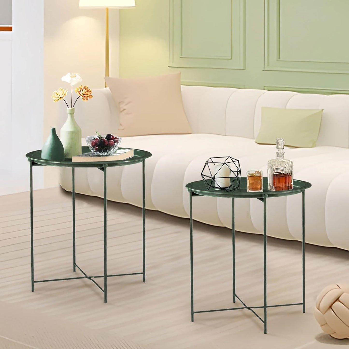 VECELO Side/End Table, Folding Round Metal Anti-Rust and Waterproof Outdoor or Indoor Tray for Living Room Bedroom Balcony and Office, 2 PCS, Dark Green