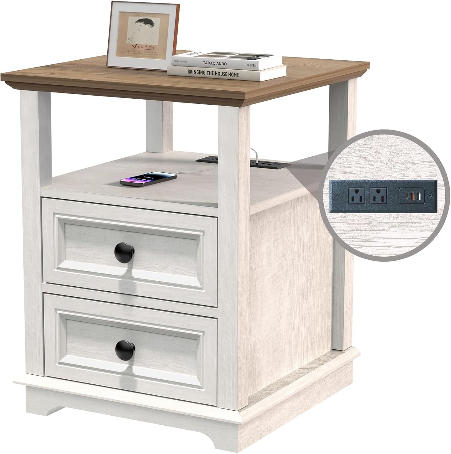 End Table with Fast USB C Charging Station, 18" Wide Tall Sofa Side Table with 2 Drawers, Large Storage Rustic Wood Square Storage Cabinet for Living Room,Bedroom,Office, White