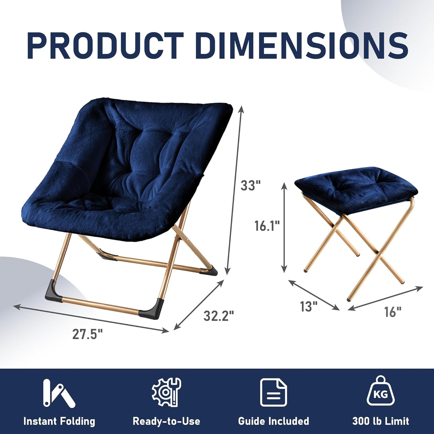 Comfy Oversized Saucer Chair with Ottoman,Soft Faux Fur Reading Lounge Chair for Adults,Stable X-Large Metal Frame and Non-Slip Pad,Cozy Chair for Bedroom, Living Room, Dorm, Office, Blue