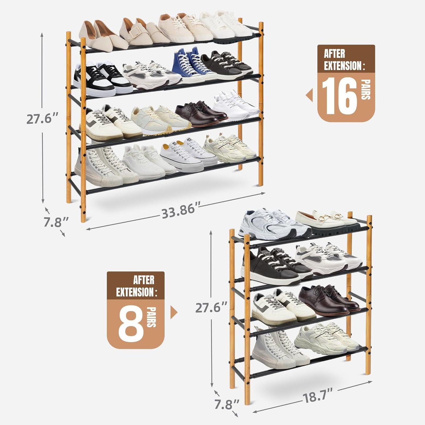 STORAGE MANIAC Expandable Shoe Rack, 12 Pairs Stackable Small Shoe Rack, Metal Adjustable Shoes Organizer for Closet, Entryway, Hallway, Garage, Front Door, Shoes Shelves, Bamboo 3 Tier
