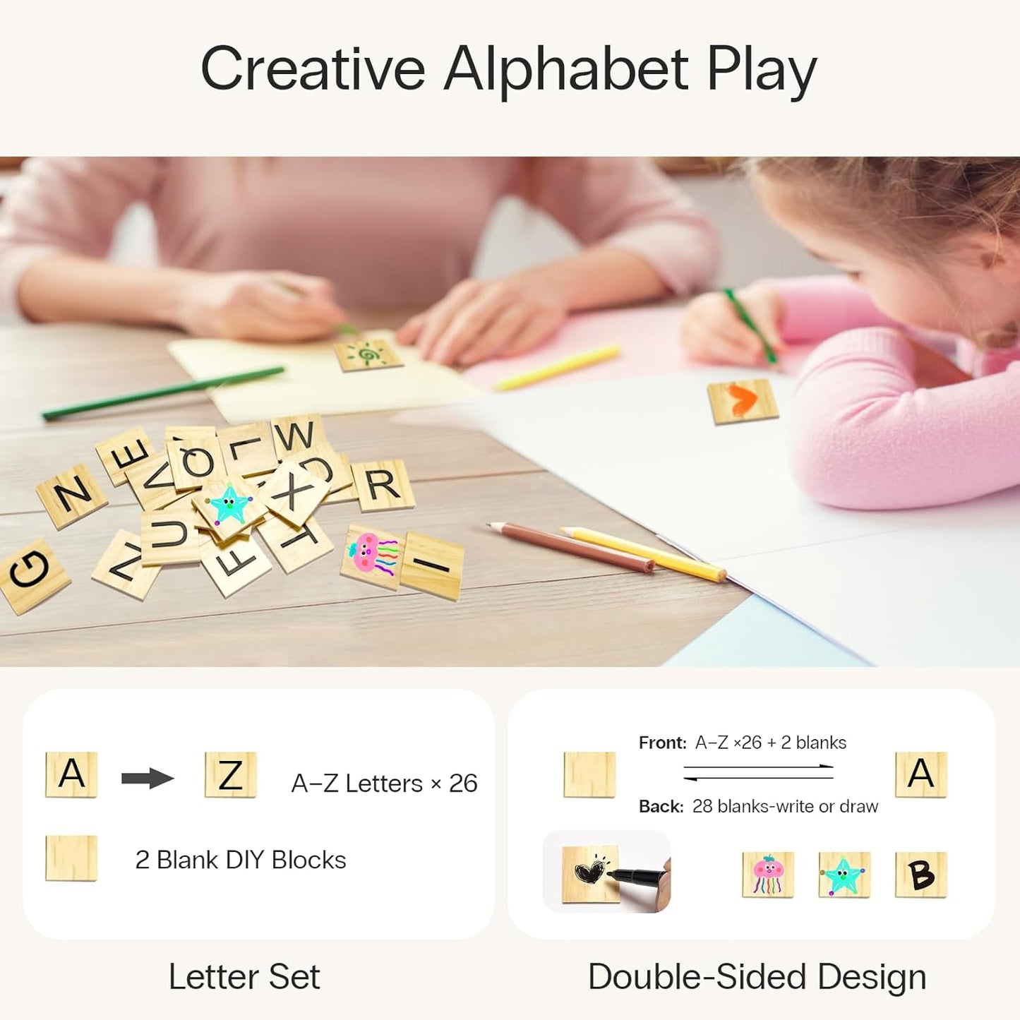 StrongTek Toddler Step Stool with 28 Alphabet Blocks – 2-Step Wooden Stool with Storage, Non-Slip, DIY Name & Drawing on Block Backs for Kids, Ideal for Bathroom, Kitchen & Bedside