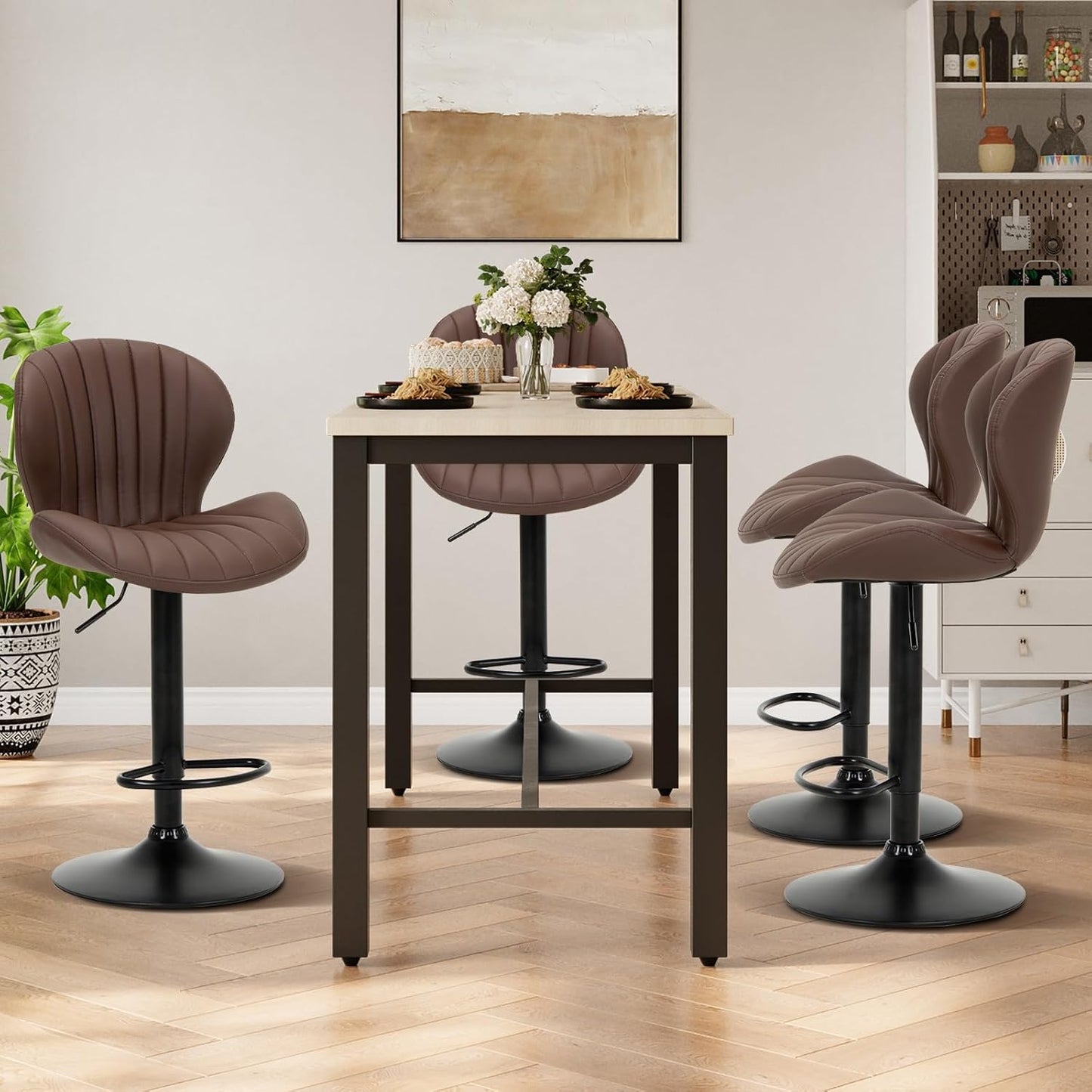 COLAMY Bar Stools Set of 2, Modern Swivel Bar Chairs, Adjustable Faux Leather Upholstered Barstools Counter Height with High Backrest for Bar, Kitchen Island, Dining Room, Brown