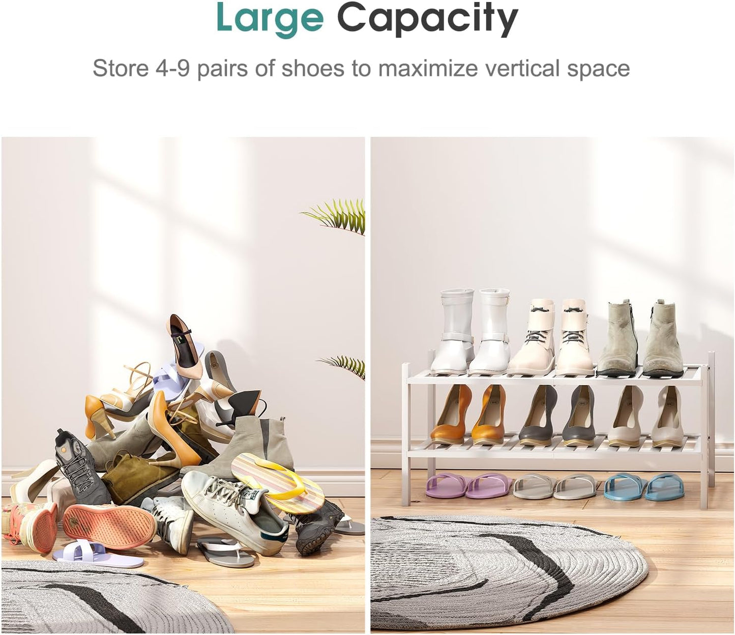 White Shoe Rack for Entryway, 2 Tier Shoe Organizer for Hallway Closet, Bamboo Wood Shoe Racks for Indoor Outdoor (White, 2-Tier)