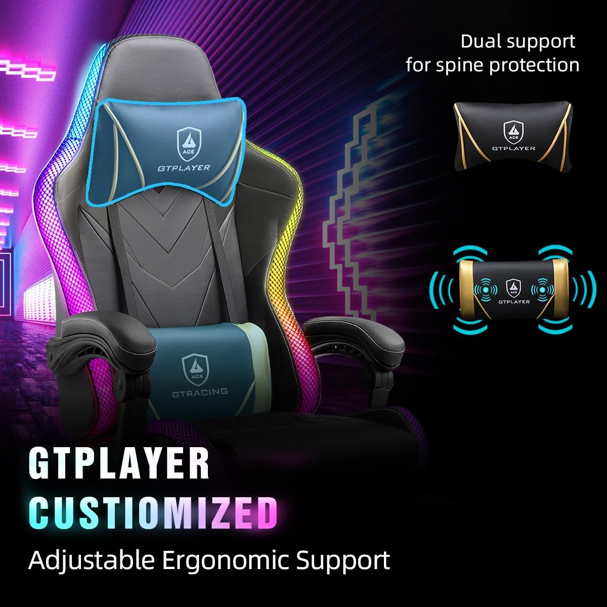GTPLAYER Gaming Chair, RGB Gaming Chairs with LED Lights, Video Gaming Chair for Adults, Ergonomic Computer Gaming Chair with Linkage Armrest, Reclining Chair with Headrest (with Massage, Black)