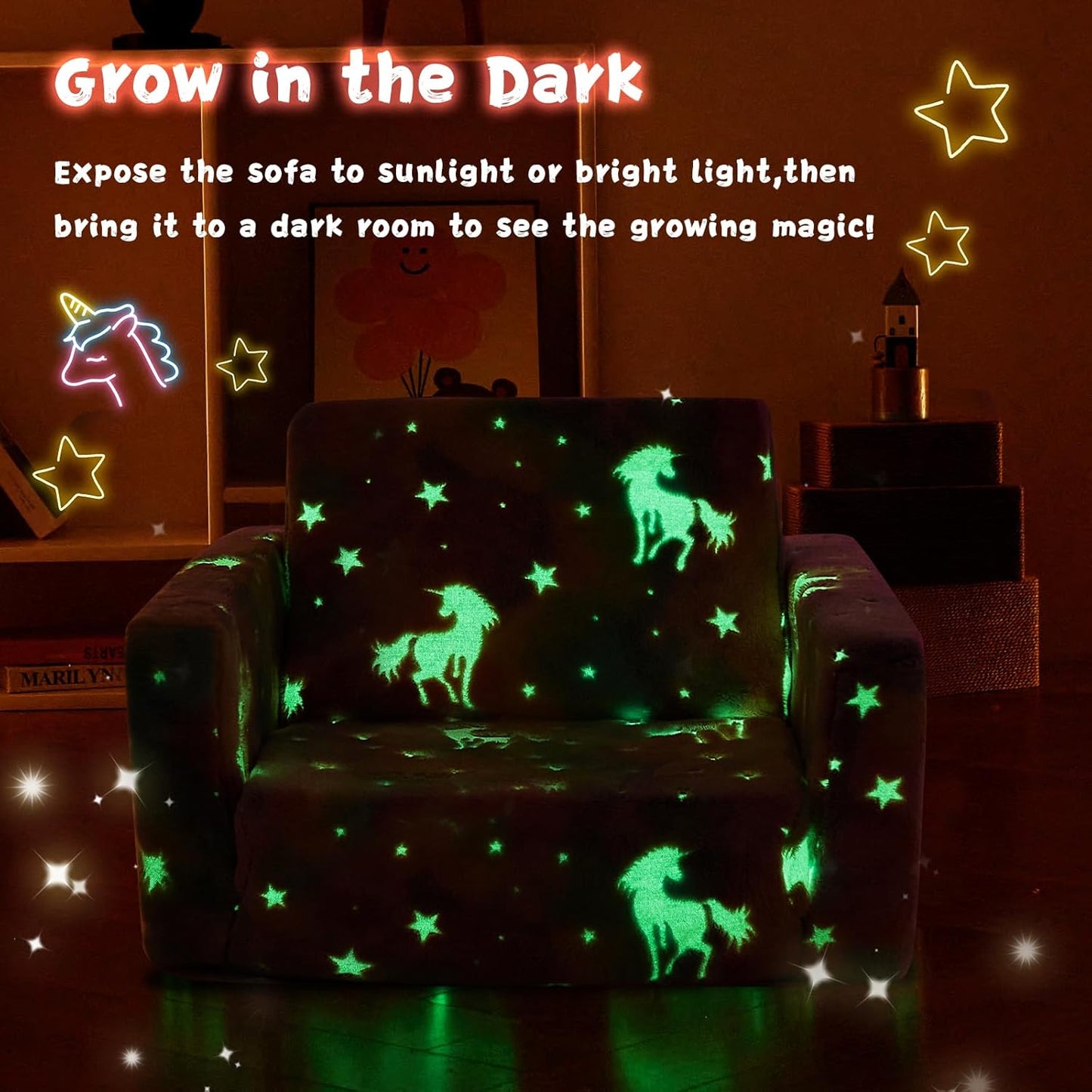 Toddler Chair Comfy,2-in-1 Soft Toddler Couch Fold Out for Kids,Convertible Sofa to Lounger,Gift for Girls and Boys Birthday,Unicorn,Medium