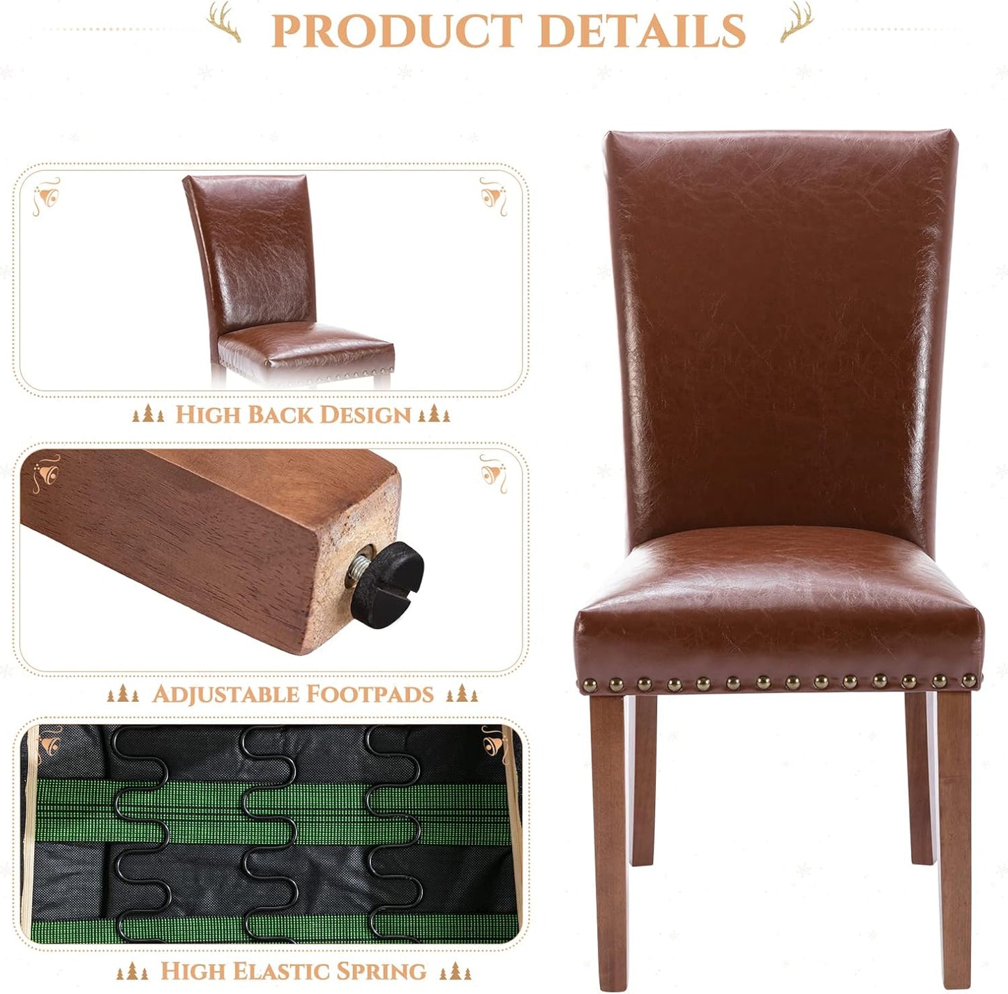 Parsons Dining Chairs Set of 2, Upholstered Nailhead PU Leather Dining Room Kitchen Side Chair with Thick Cushions and Wood Legs, Light Brown