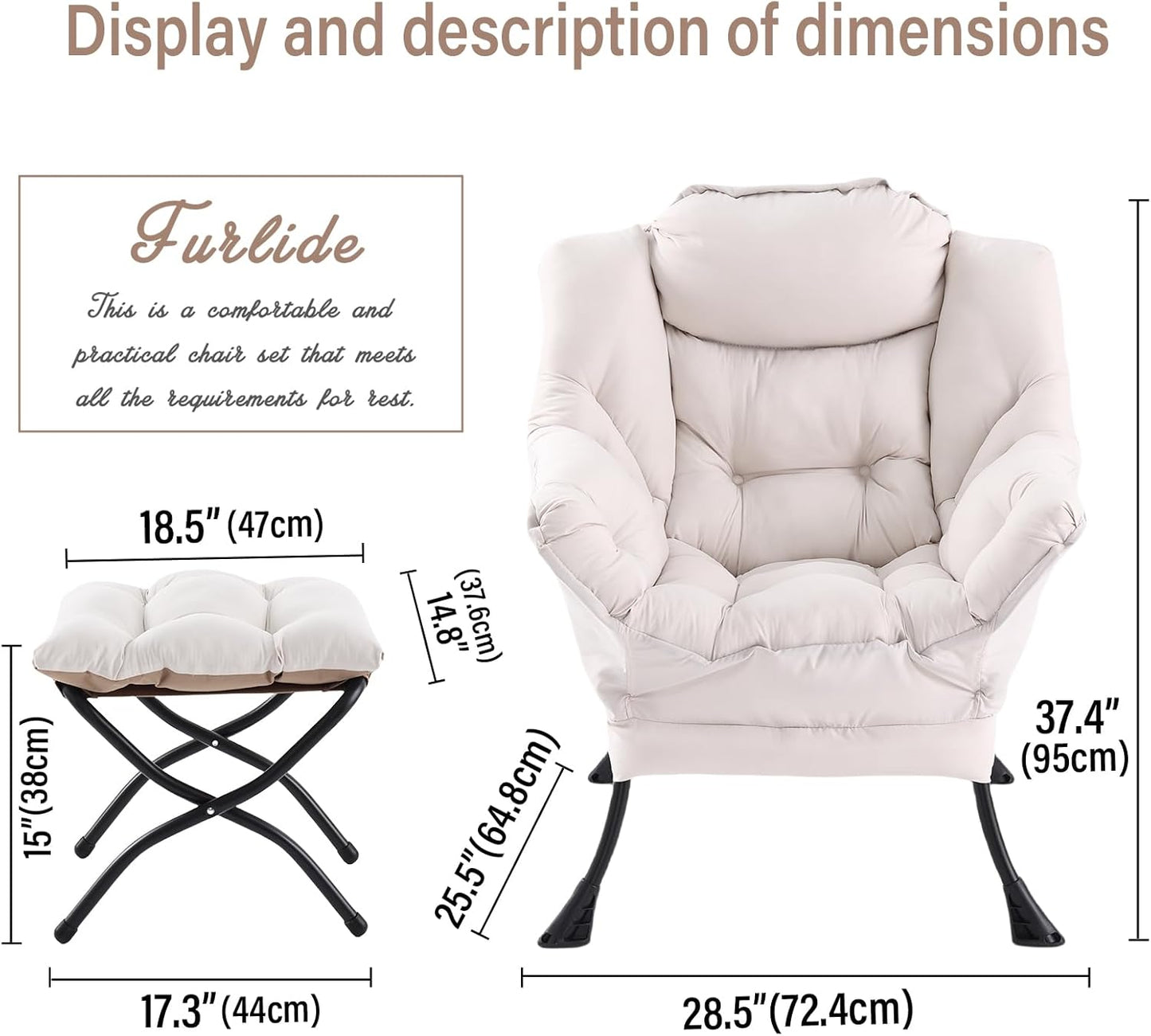 Lazy Chair with Ottoman, Modern Chair with Folding Footrest, Lounge Accent Chair, Comfortable Reading Chair, Oversized Armchairs for Bedroom, Study, Living Room, Courtyard (Beige