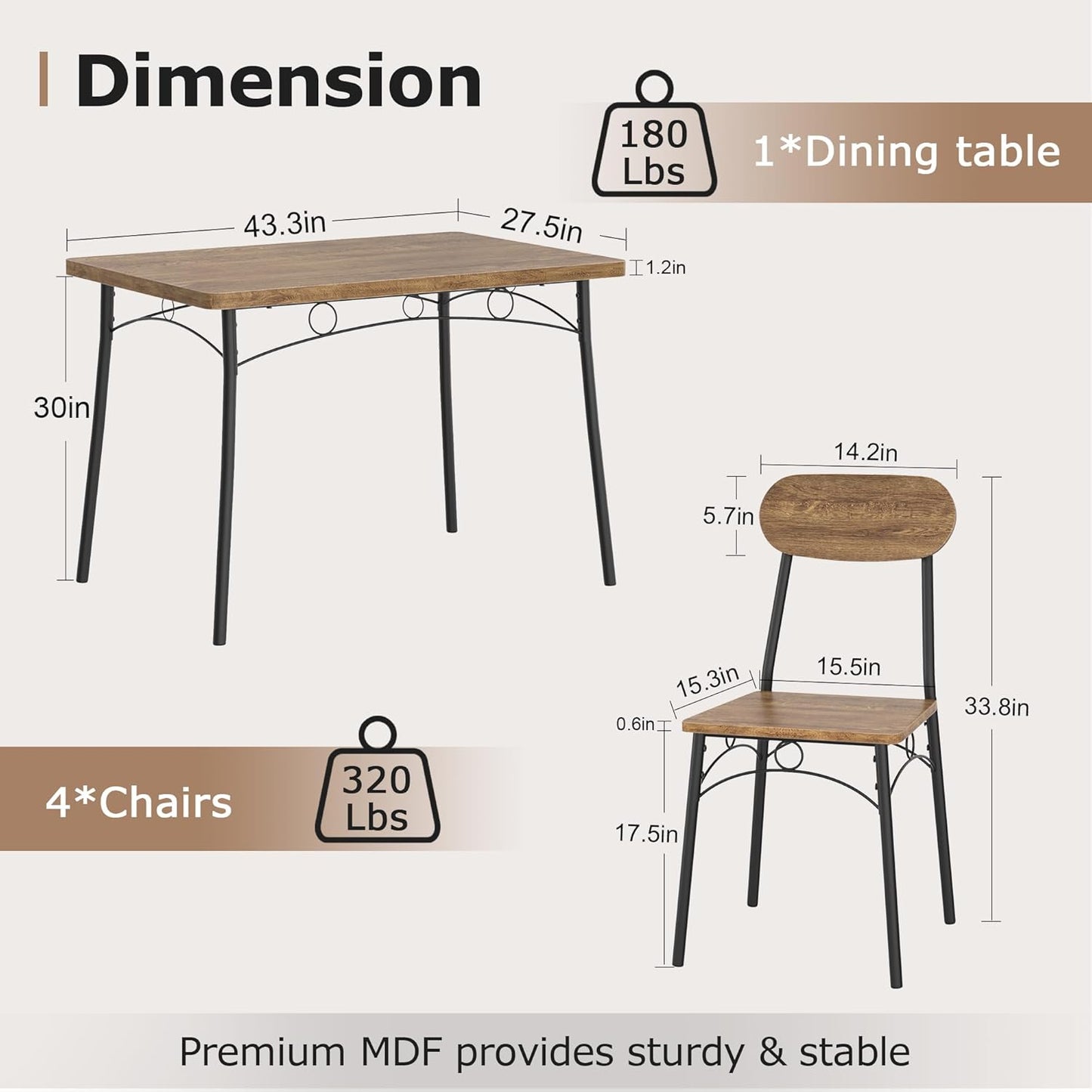 VECELO Dining Table Set for 4, 5-Piece Kitchen Table with 4 Chairs, MDF Board Tabletop with Metal Frame for Small Space, Compact Dinette, Breakfast Nook, Rustic Brown
