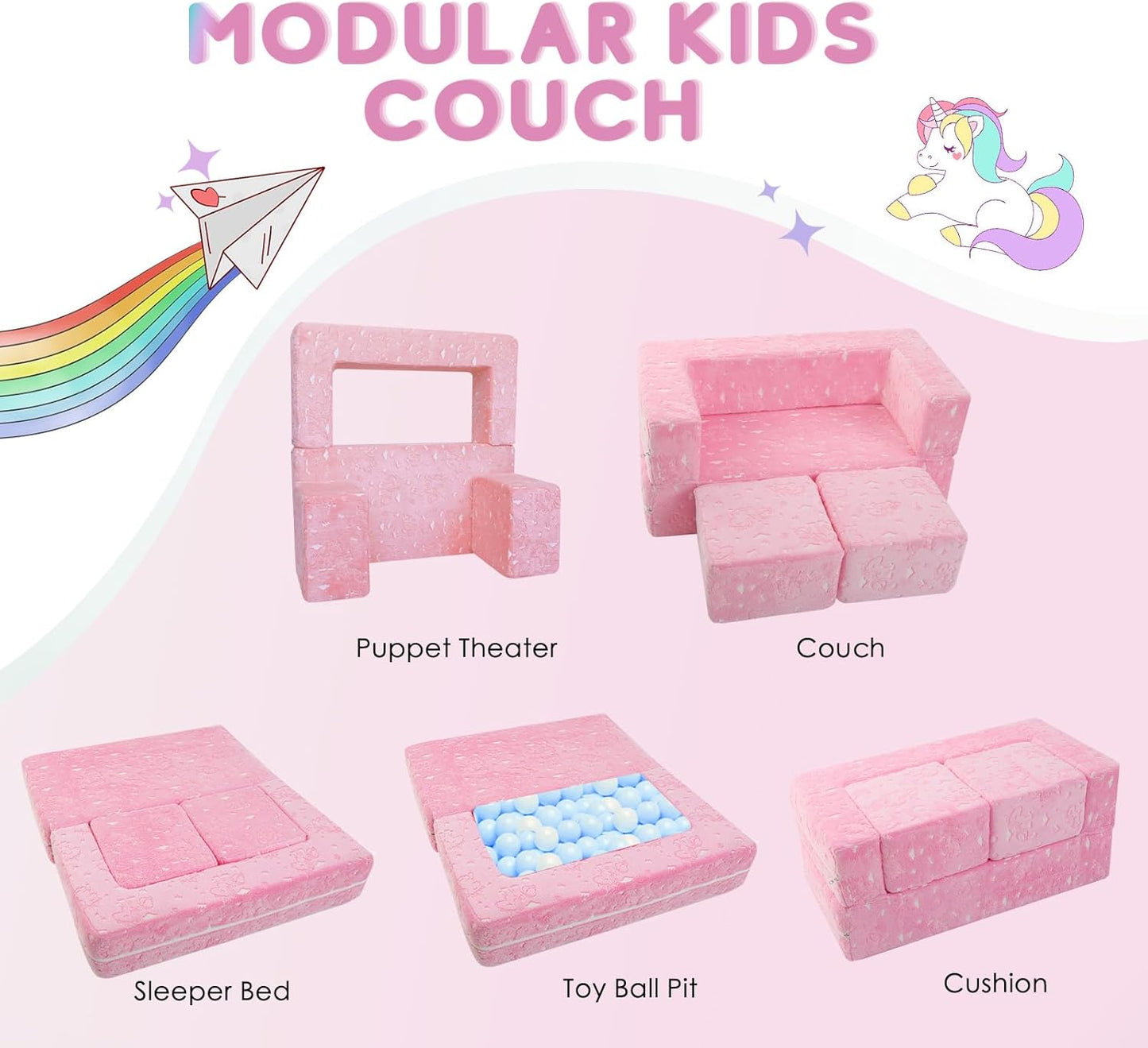 MeMoreCool Glow-in-The-Dark Unicorn Kids Modular Play Couch Sofa – Convertible Fold-Out Plush Foam Toddler Chair for Children’s Playroom