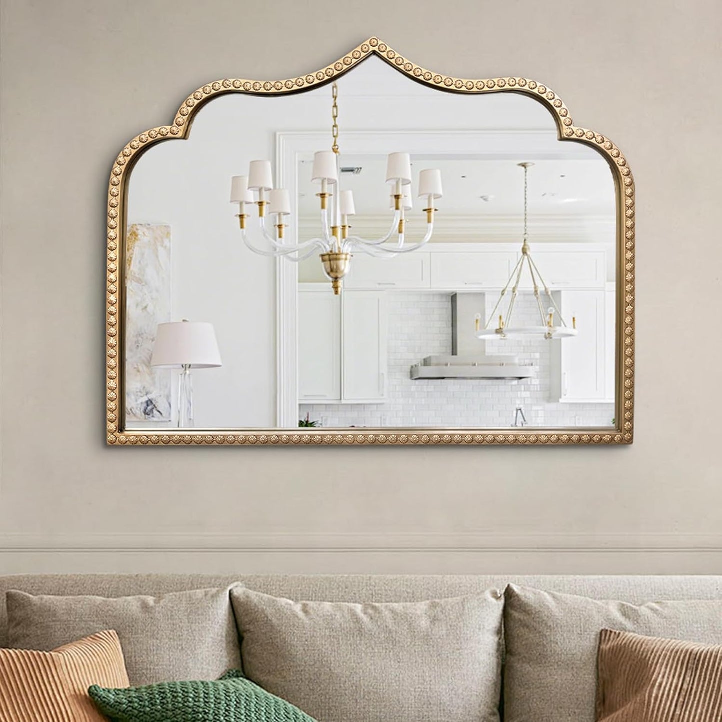 Gold Arched Mirror, 36"x28" Arch Vanity Mirrors for Bathroom, Metal Beaded Frame Ornate Decorative Mirror, Scalloped Vintage Mirrors for Fireplace Bedroom Living Room Entryway Hallway