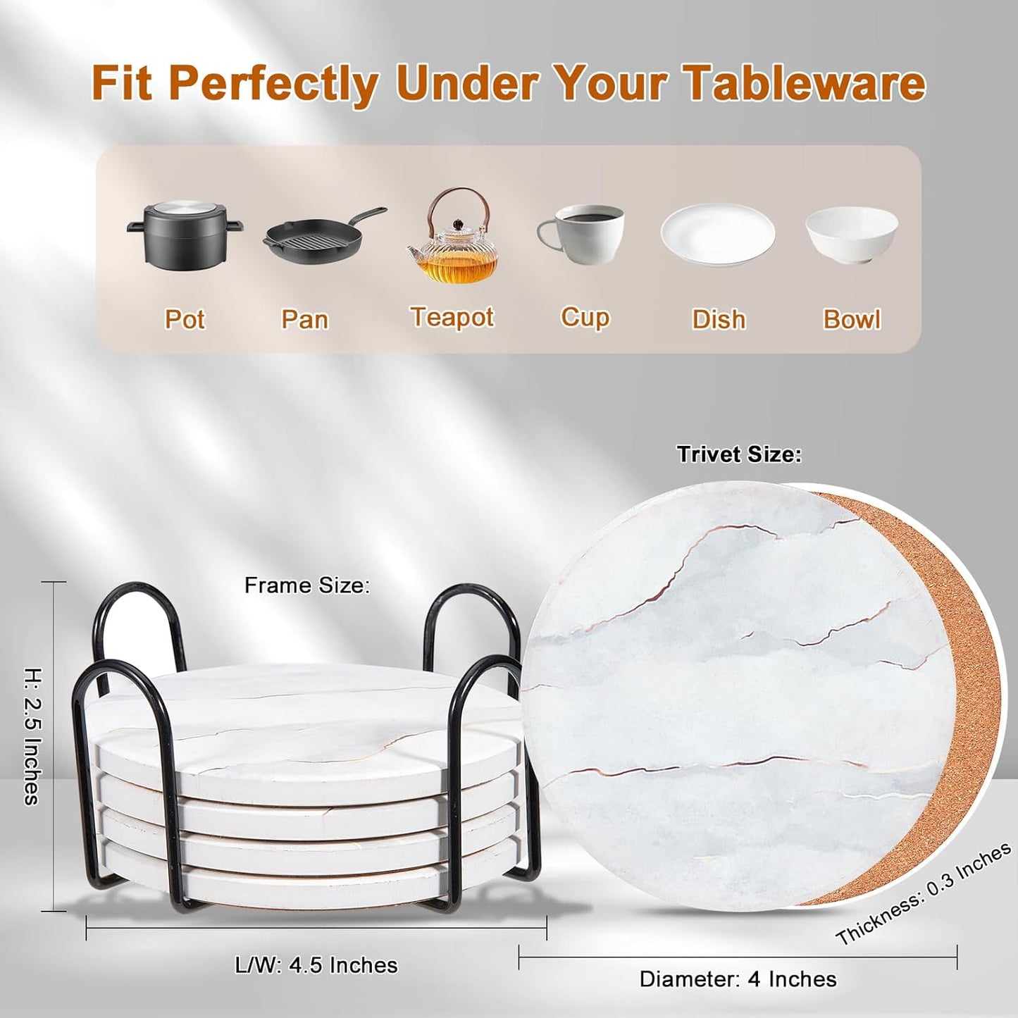 6-Pcs 4'' Ceramic Marble Style Trivet with Holder, Absorbent Trivets for Hot Dishes, Cork Bottom Anti-Slip Trivet Mats for Hot Pots and Pans