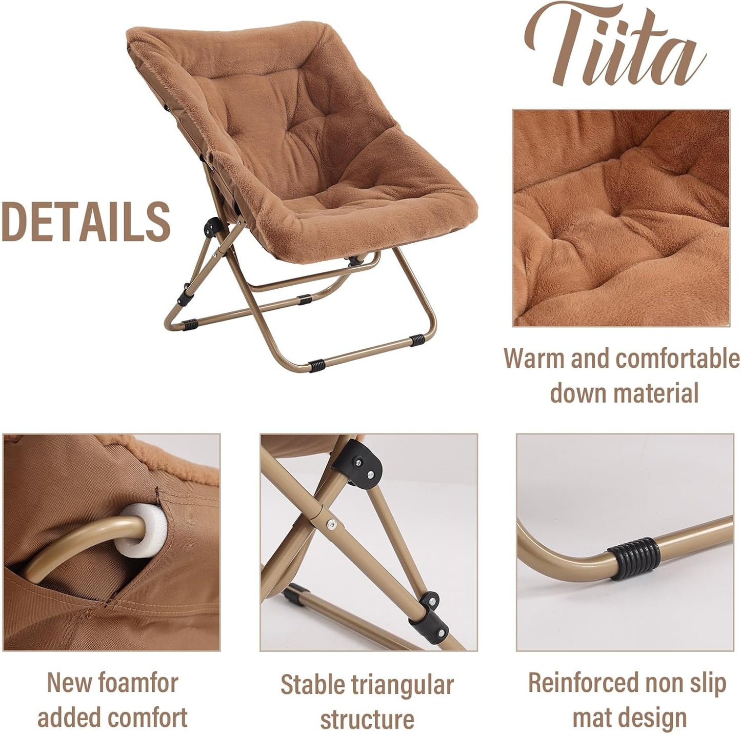 Tiita FoldedChair with Ottoman, Soft Faux Fur Oversized Folding Accent Chair,Lounge Lazy Chair, Metal Frame Moon Chair for Bedroom, Living Room, Dorm Rooms, Garden and Courtyard