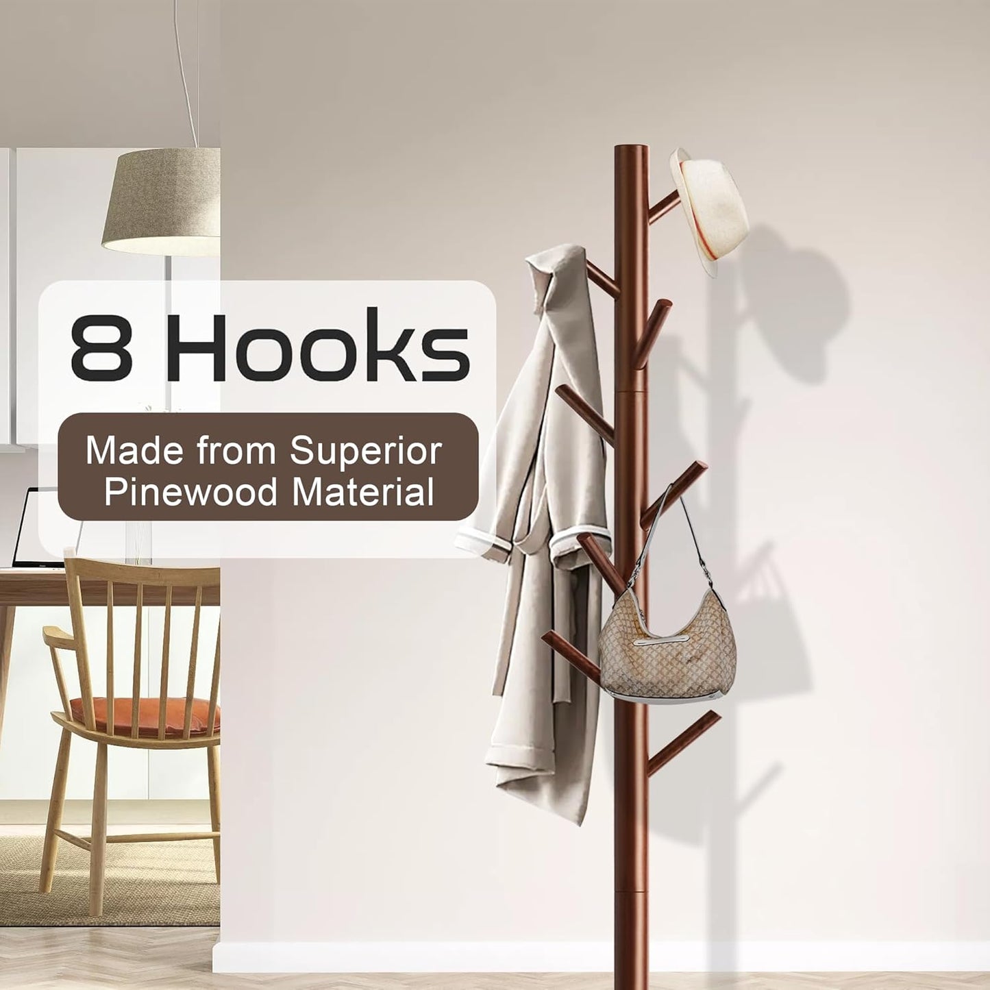 Wooden Coat Rack Stand, Freestanding Coat Rack with 8 Hooks, 3 Adjustable Size Coat Tree for Hats, Coats, Scarves bags, Coat Hanger Stand Used in Bedroom/Office/Entryway （Brown）