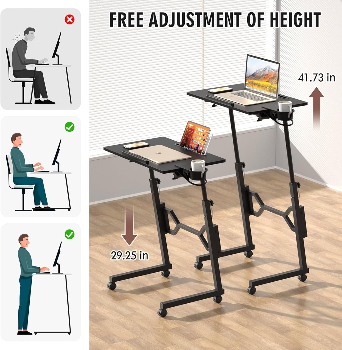 Small Standing Desk with Wheels, Portable Treadmill Desk, Rolling Desk Adjustable Height for Laptop, Mobile Standing Table for Walking Pad, Bedside Table