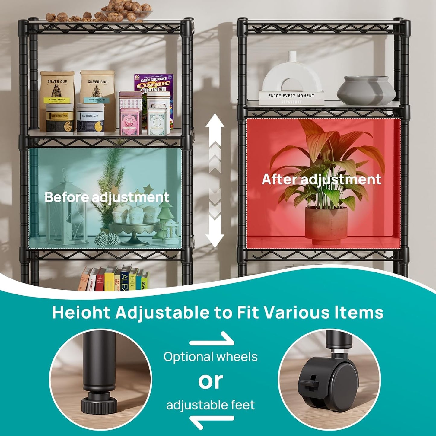 SINGAYE 4 Small Shelves Storage Shelf Wire Shelving Unit Metal Shelf Adjustable Organizers Storage Shelving with Wheels for Bathroom Laundry Room Kitchen Pantry11.5”D x 17.3”W x 44.5”H Black