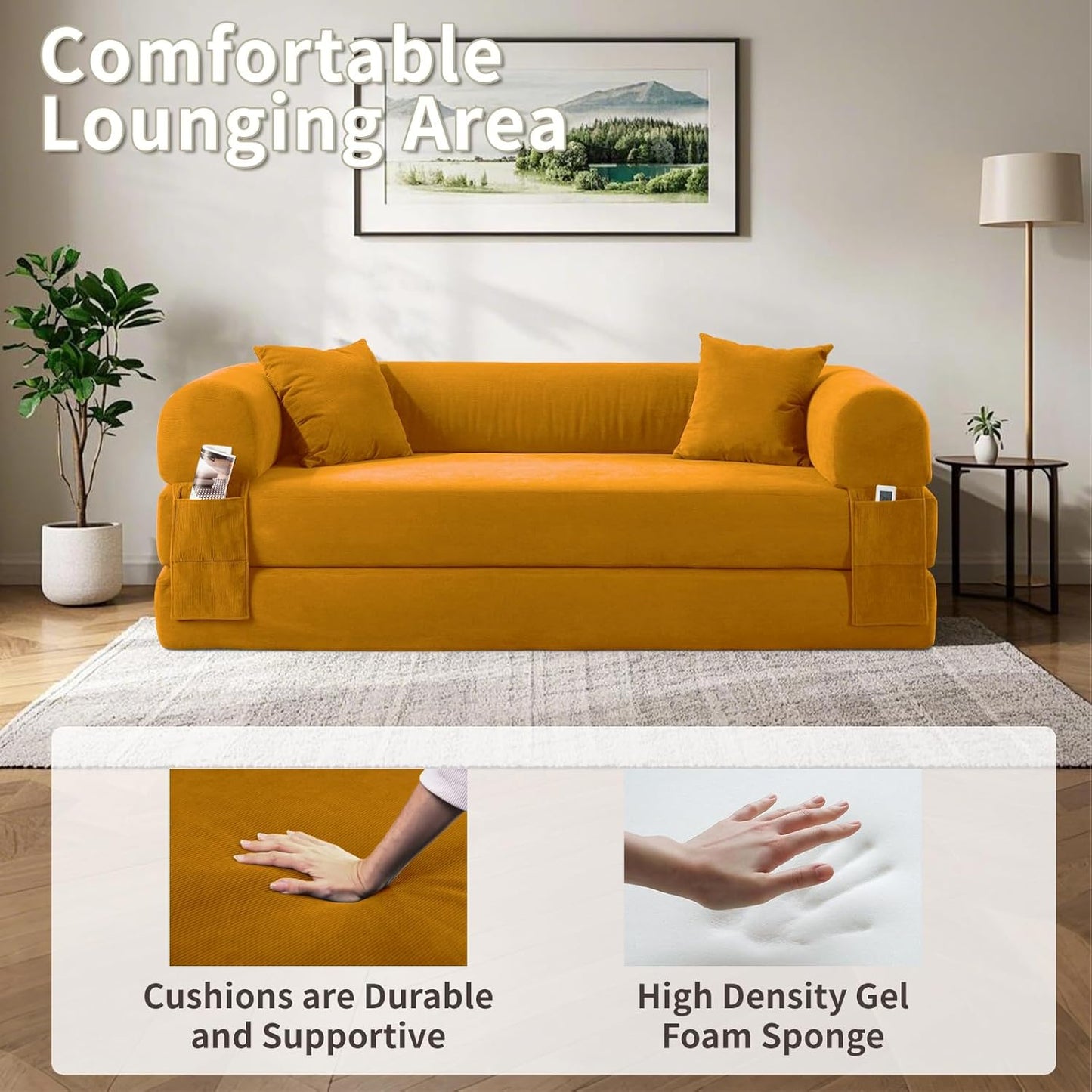 80" Convertible Sofa Bed, 3-in-1 Corduroy Folding Pull Out Couch with Pillows, No Assembly Modern Boneless Couch Compression Sofa in Box, Floor Sofa with Side Storage Pocket for Living Room, Yellow
