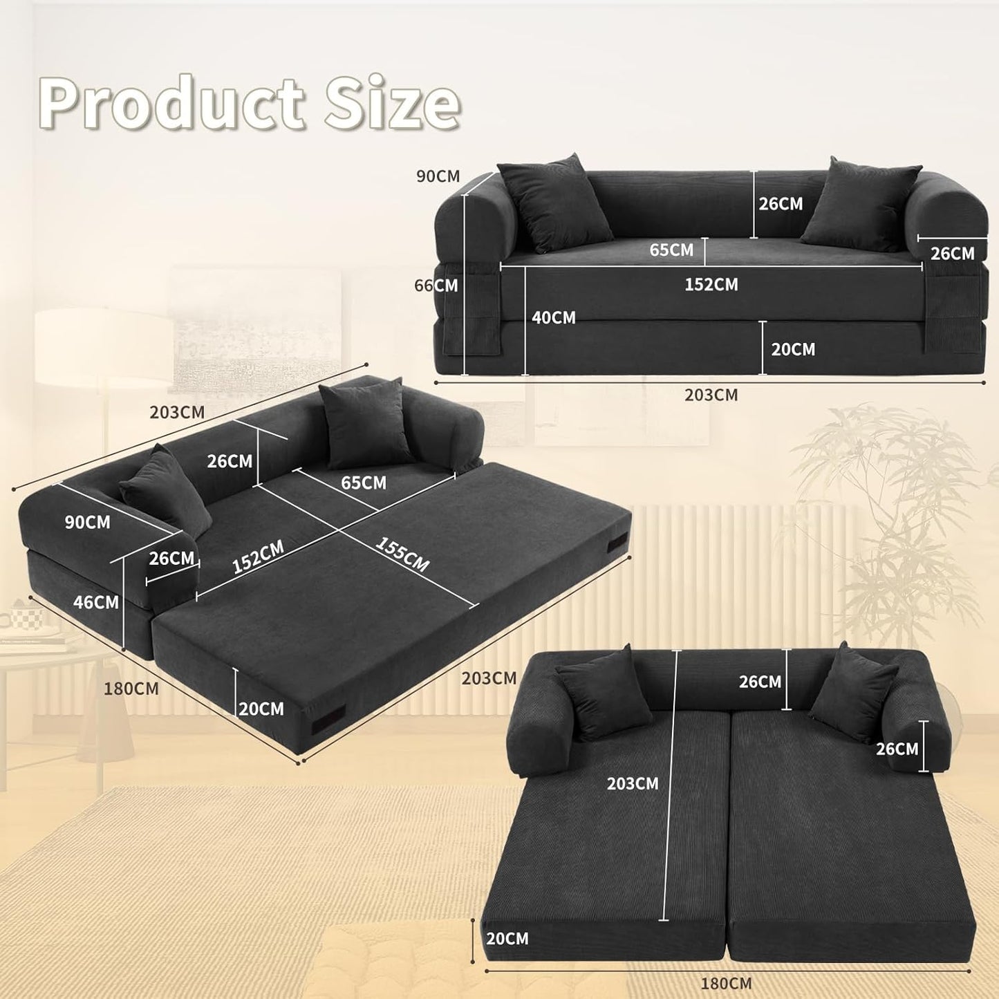 80" Convertible Sofa Bed, Corduroy Deep Seat Folding Pull Out Couch with Pillows, No Assembly Modern Boneless Couch Compression Sofa in Box, Floor Sofa with Storage Pocket for Living Room,Dark Grey