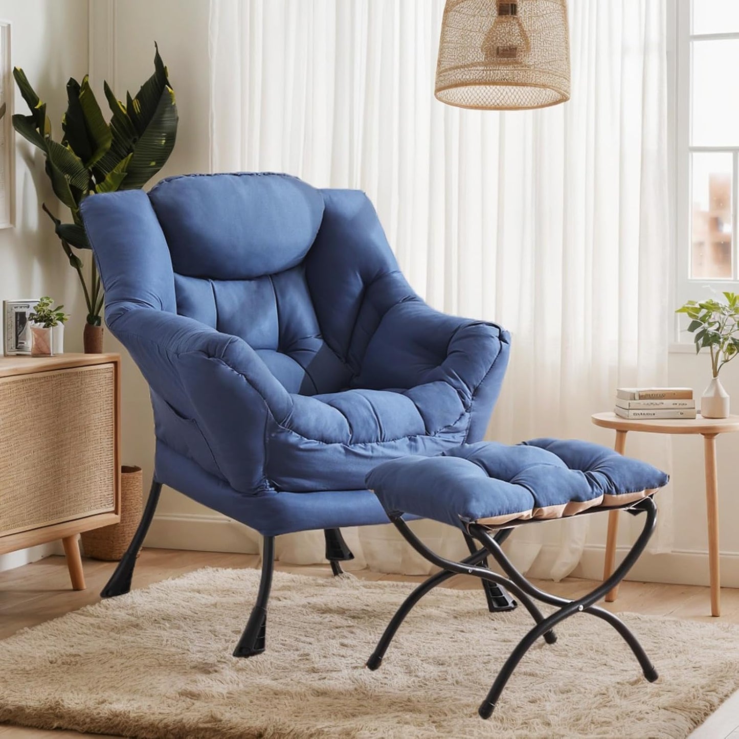 Large Lazy Chair with Ottoman, Accent Reading Chair with a Footrest, Cozy Lounge Armchair, Leisure Sofa Armchair for Living Room, Bedroom, Dorm Room, Office (Royal Blue)