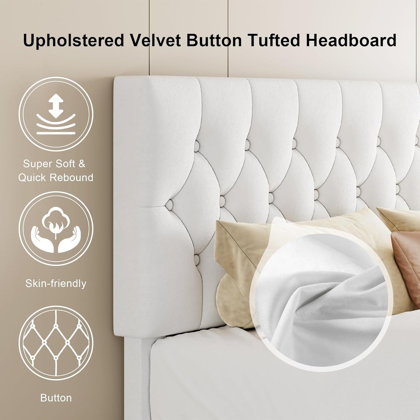 Feonase Velvet Full Size Platform Bed Frame with Button Tufted Headboard, Upholstered Bed with Wooden Slats Support, No Box Spring Needed, Easy Assembly, Noise-Free, White