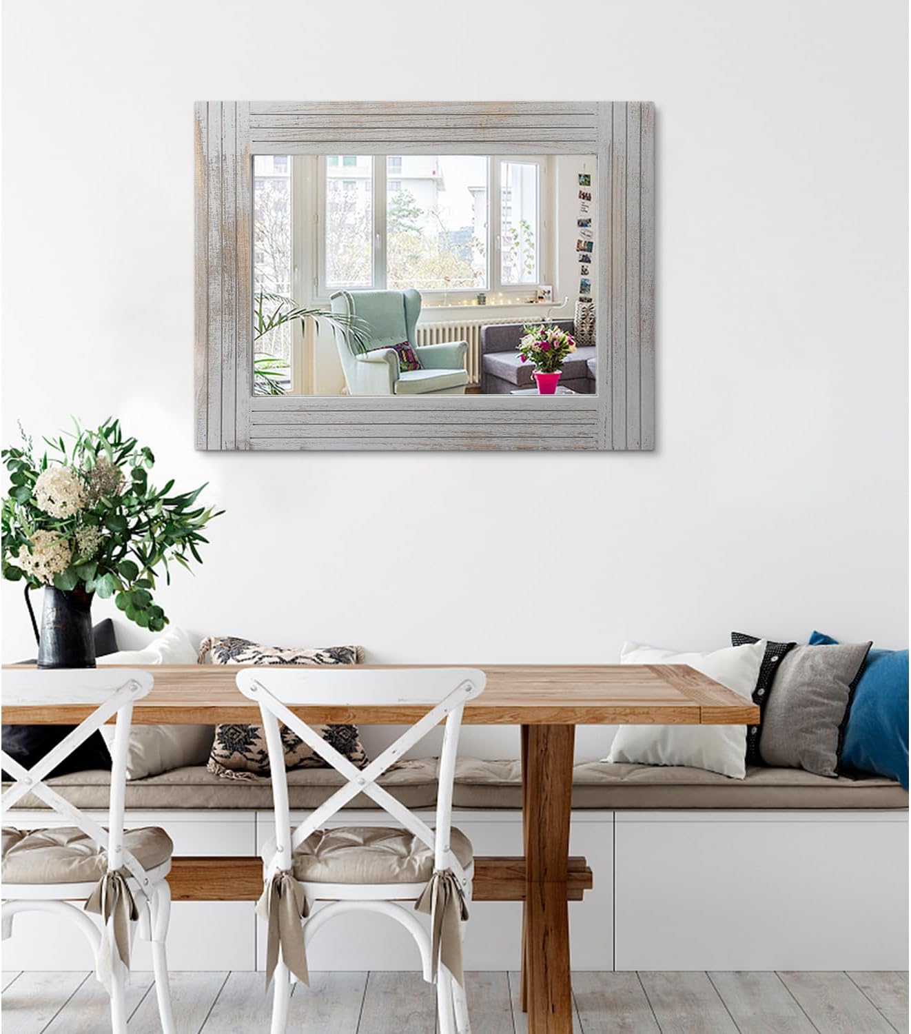 Large Rustic Wall Mirror, Rectangular Vintage Wood Framed Large Mirror Deco Farmhouse Living Room Bathroom Bedroom Entrance Mirror Light Gray 26" x 18"