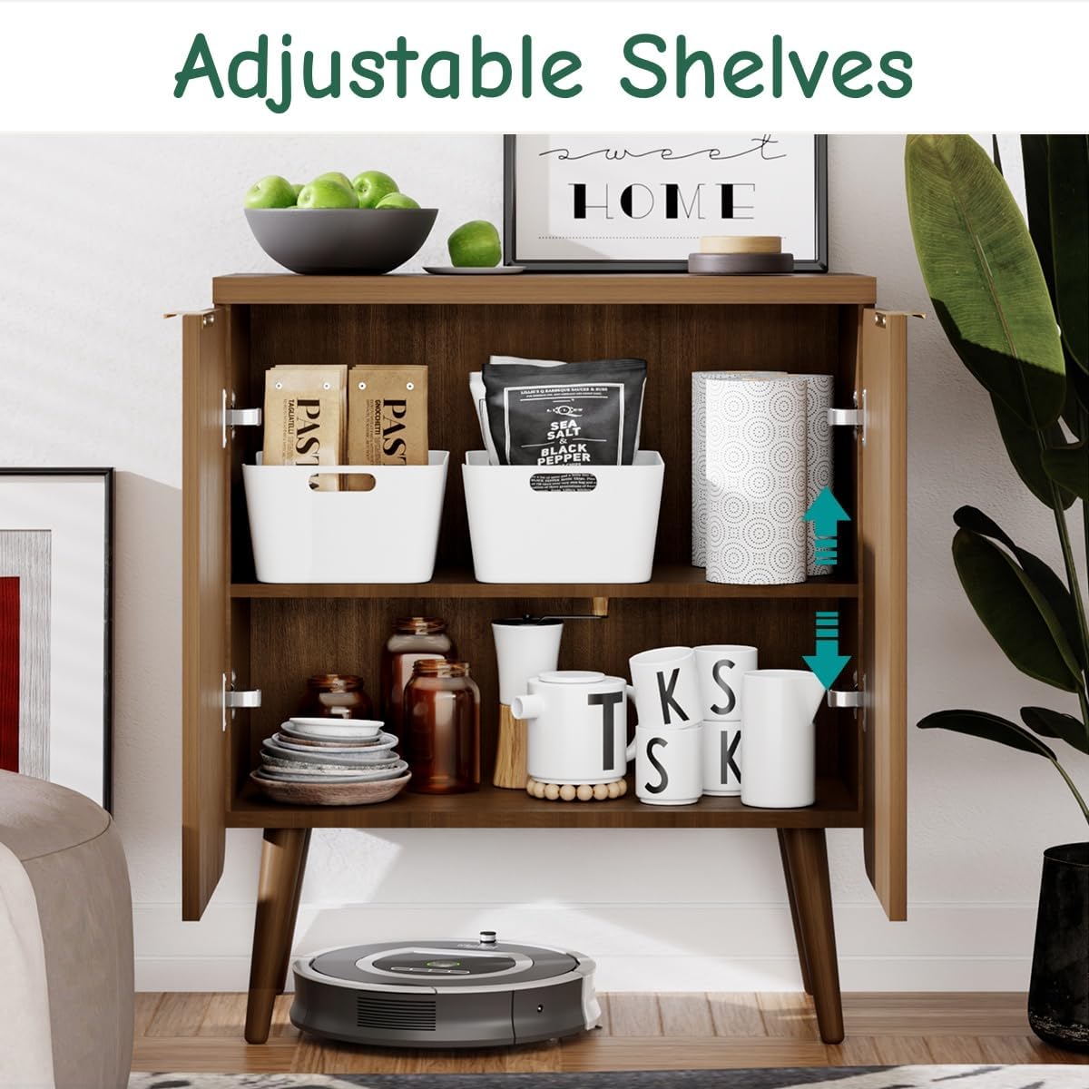 23.6" Sideboard Cabinet with 2 Doors, Modern Buffet Cabinet with Adjustable Shelf, Dining Room Sideboard, Fluted Buffet Sideboard for Living Room, Hallway, Entryway, Walnut