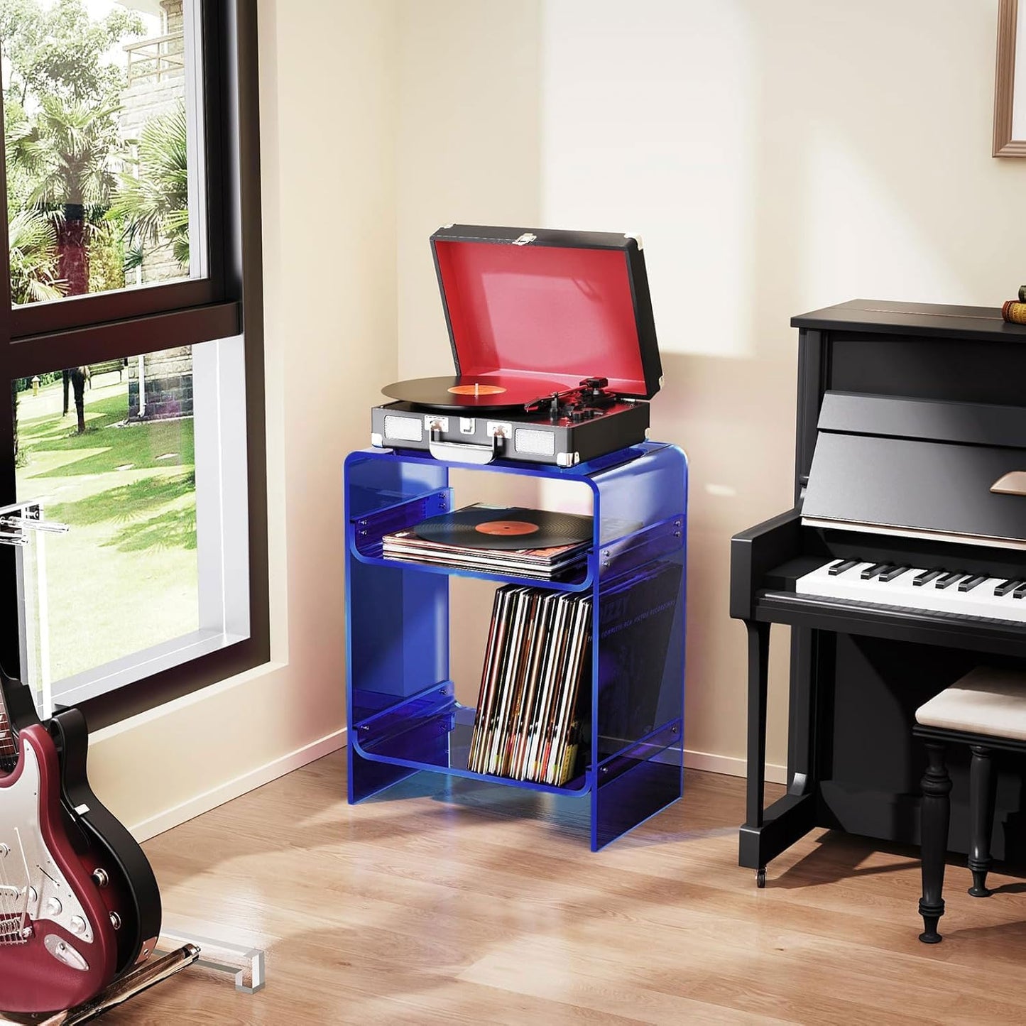 Acrylic Record Player Table with Storage Shelf, Clear Side Table Nightstand (Dark Blue)