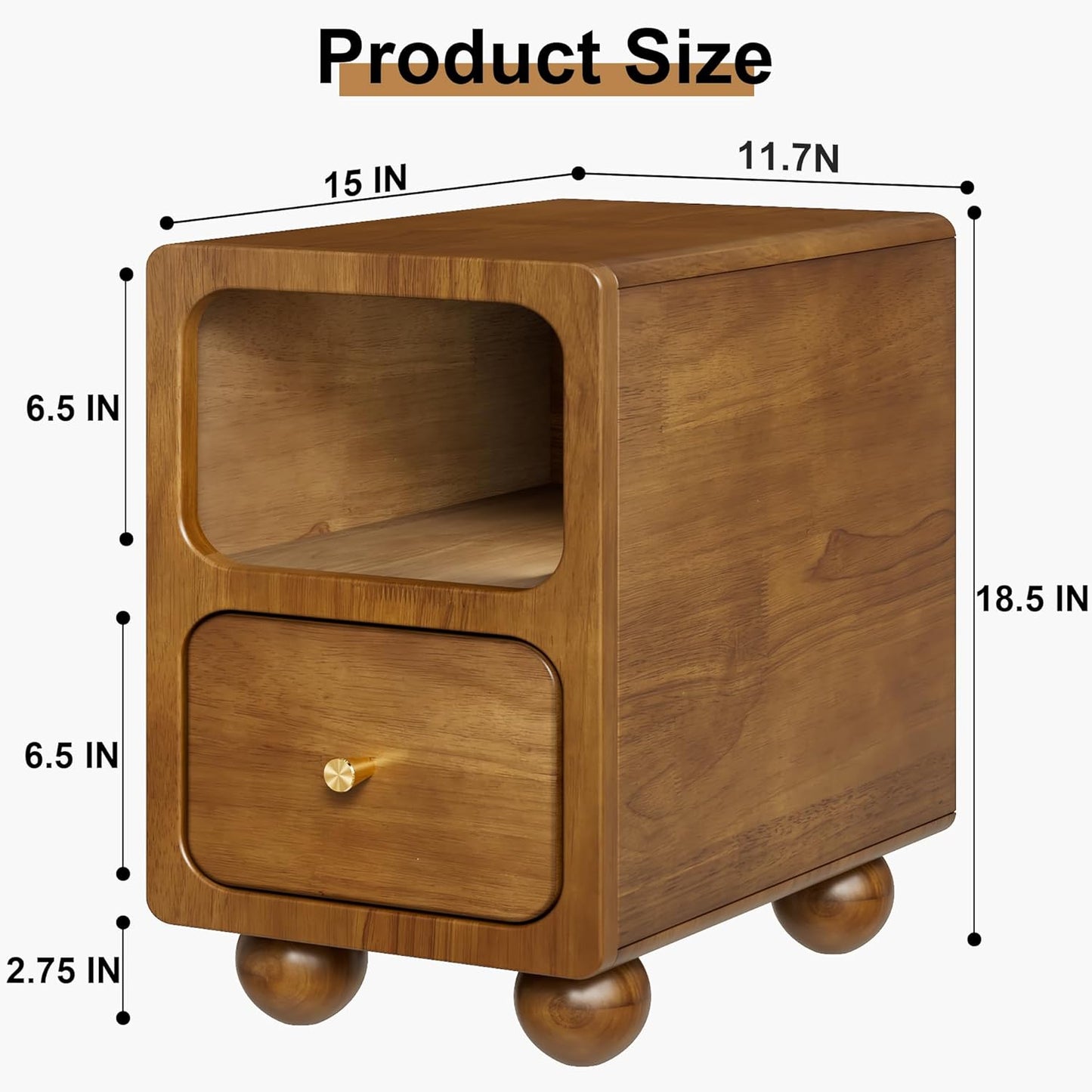 Solid Wood Nightstand, Narrow Night Stand with Drawers, Walnut Mid Century Modern Nightstand, Small Beside Table with Open Storage Shelf for Bedroom (12 inch)