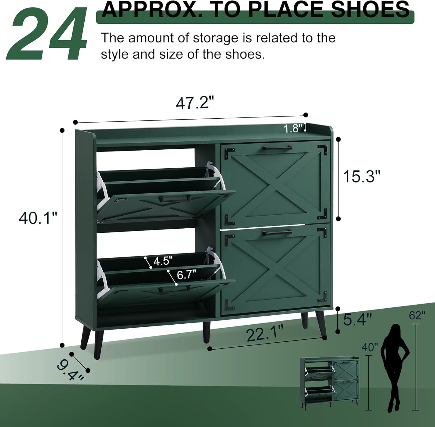 Shoe Storage Cabinet,Farmhouse Shoe Organizer with 4 Flip Drawers & Barn Door Design,Freestanding Hidden Slim Narrow Shoe Rack Cabinet for Entryway,Foyer,Hallway,Green