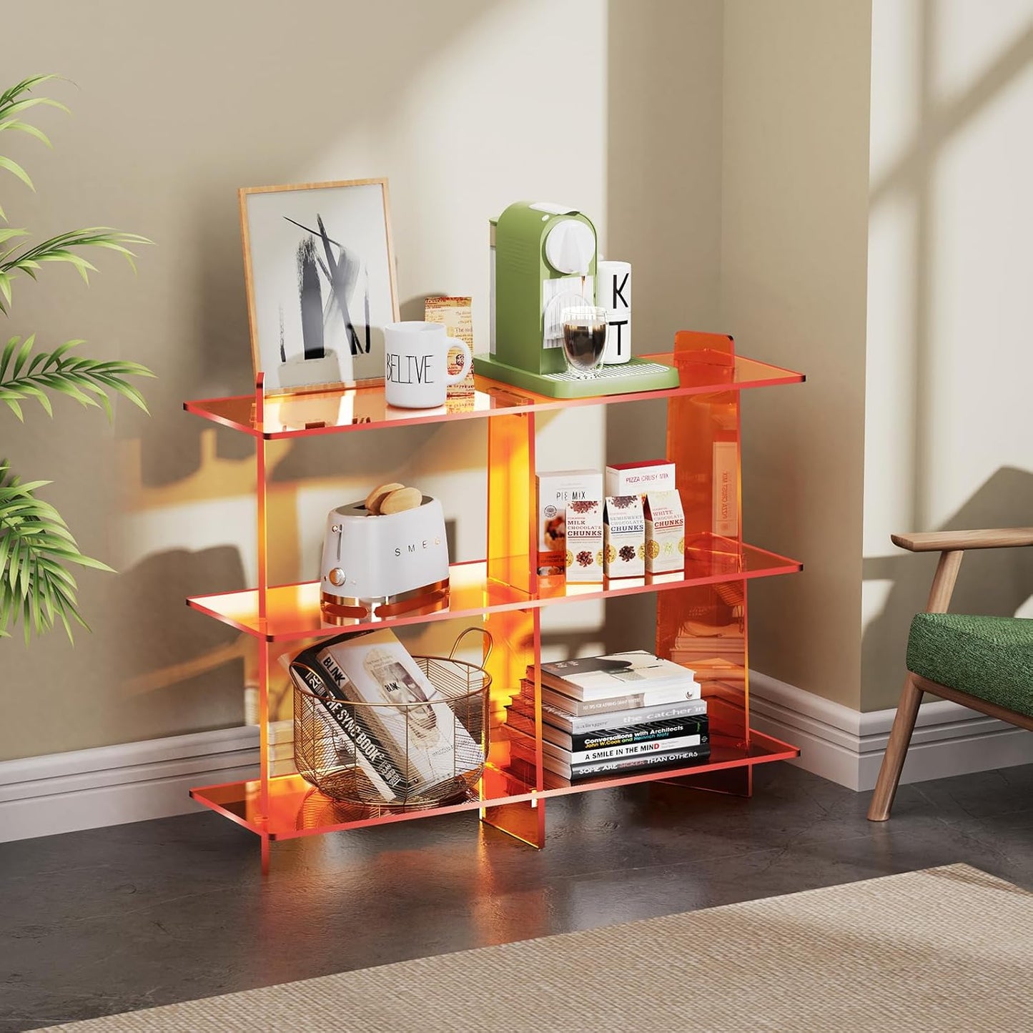 Acrylic Bookshelf, Small 3 Tier Open Bookcase for Small Spaces,Sofa Table, Hallway Entry Table for Home Living Room (Orange, 39.4'' x 11.8'' x 31.5'')