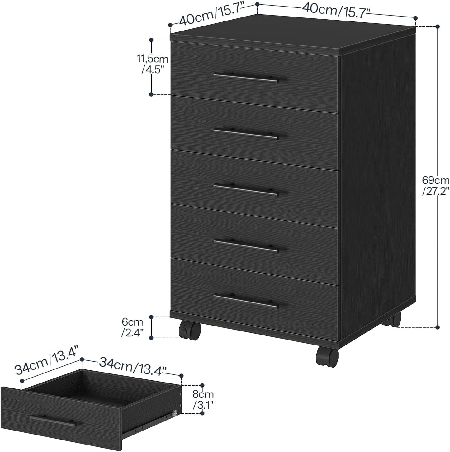 HOOBRO 5-Drawer File Cabinet, Office Cabinet with Drawers, Wooden Storage Cabinet with Wheels for Makeup, Home Office, Study, Easy Assembly, Black BK05WJ01