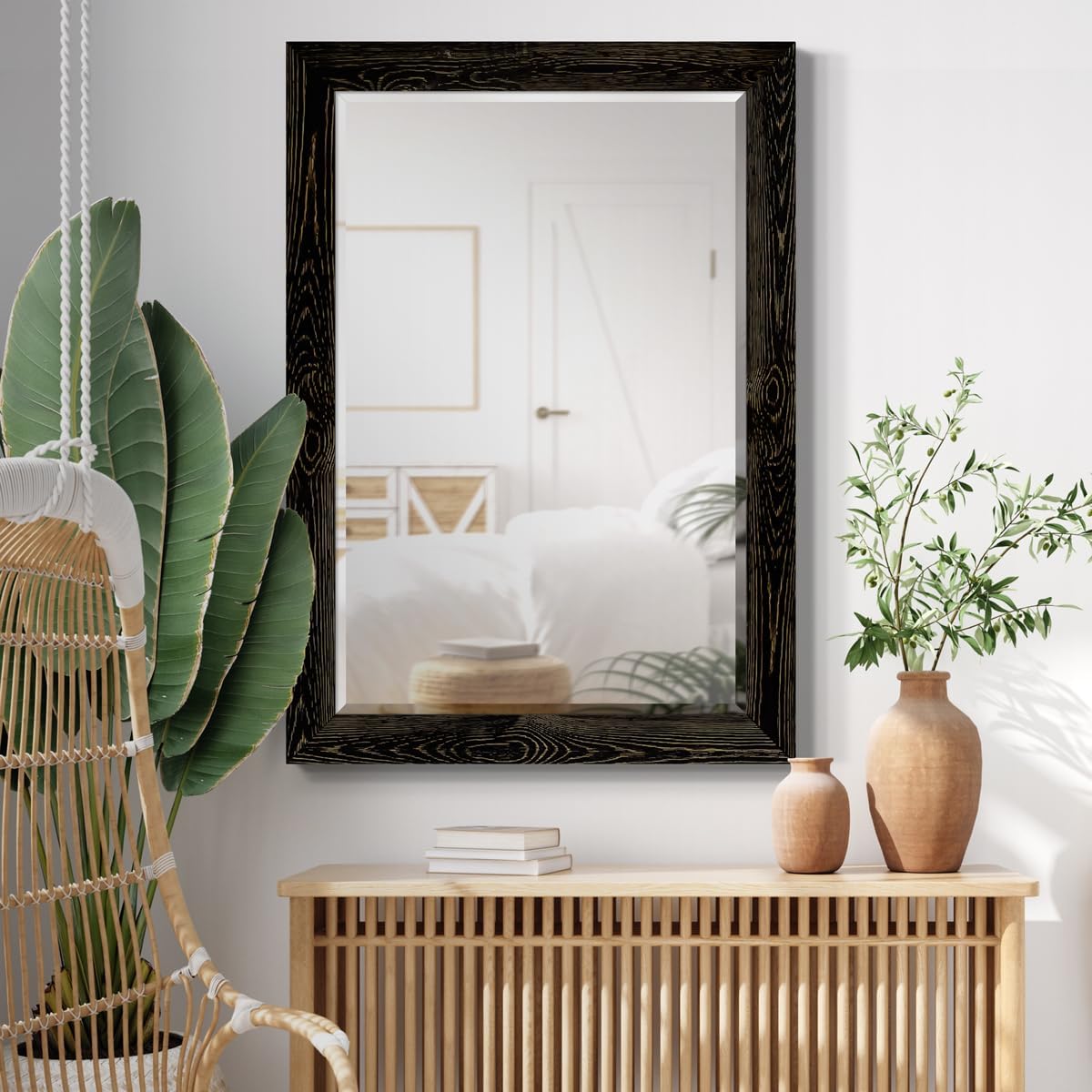 Black Rustic Mirror Rectangular Barnwood Framed Wall Mirror for Home Decor, Vertical or Horizontal Hanging, 41x29