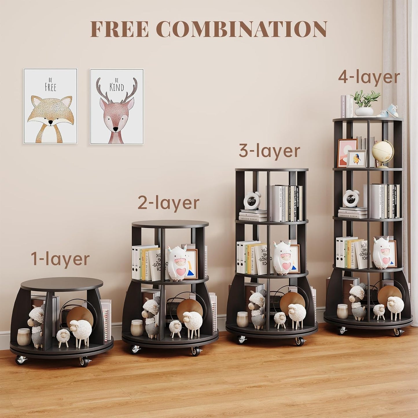 4 Tier Rotating Bookshelf with Brake Wheels, 360° Spinning Bookcase, Vertical Floor Standing Revolving Bookshelf Organizer for Small Spaces, Corner, Living Room, Bedroom, Black