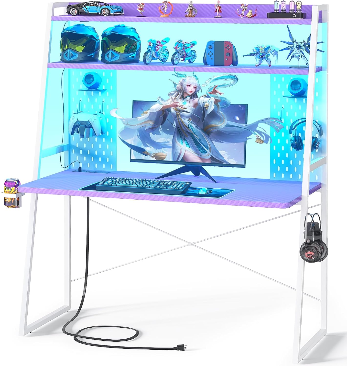 Gaming Desk with Hutch and LED Lights, Gaming Computer Desk with Power Outlets, Gamer Desk with Storage Shelves & Pegboards for Bedroom, Carbon Fiber Purple, 43"